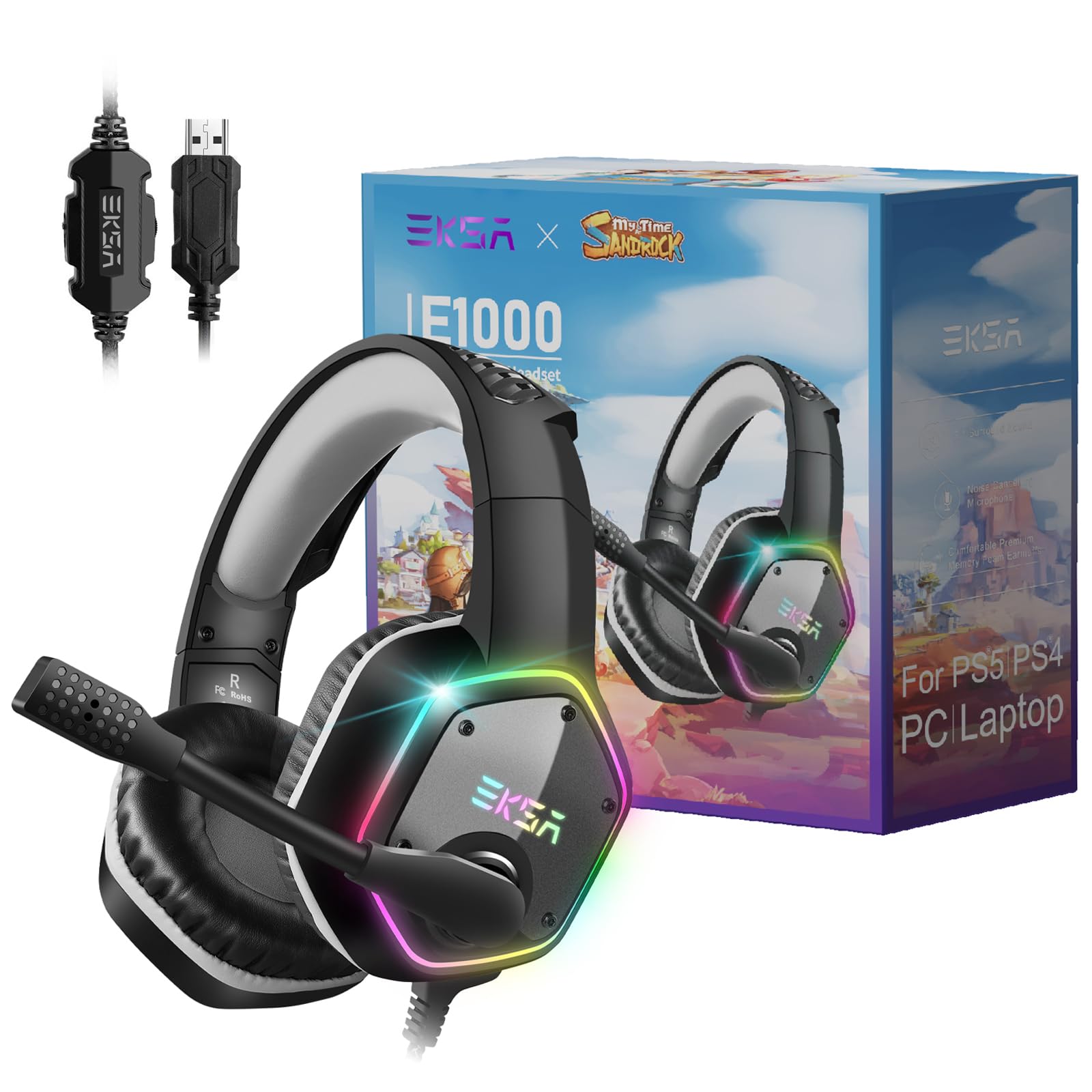 EKSA Gaming Headset with Noise Canceling Mic & RGB Lights - Wired Over-Ear Headphones for PC, PS4, PS5, Laptop, Computer (Gray-Sandrock) - Perfect for FPS Gaming, Streaming & Online Meetings