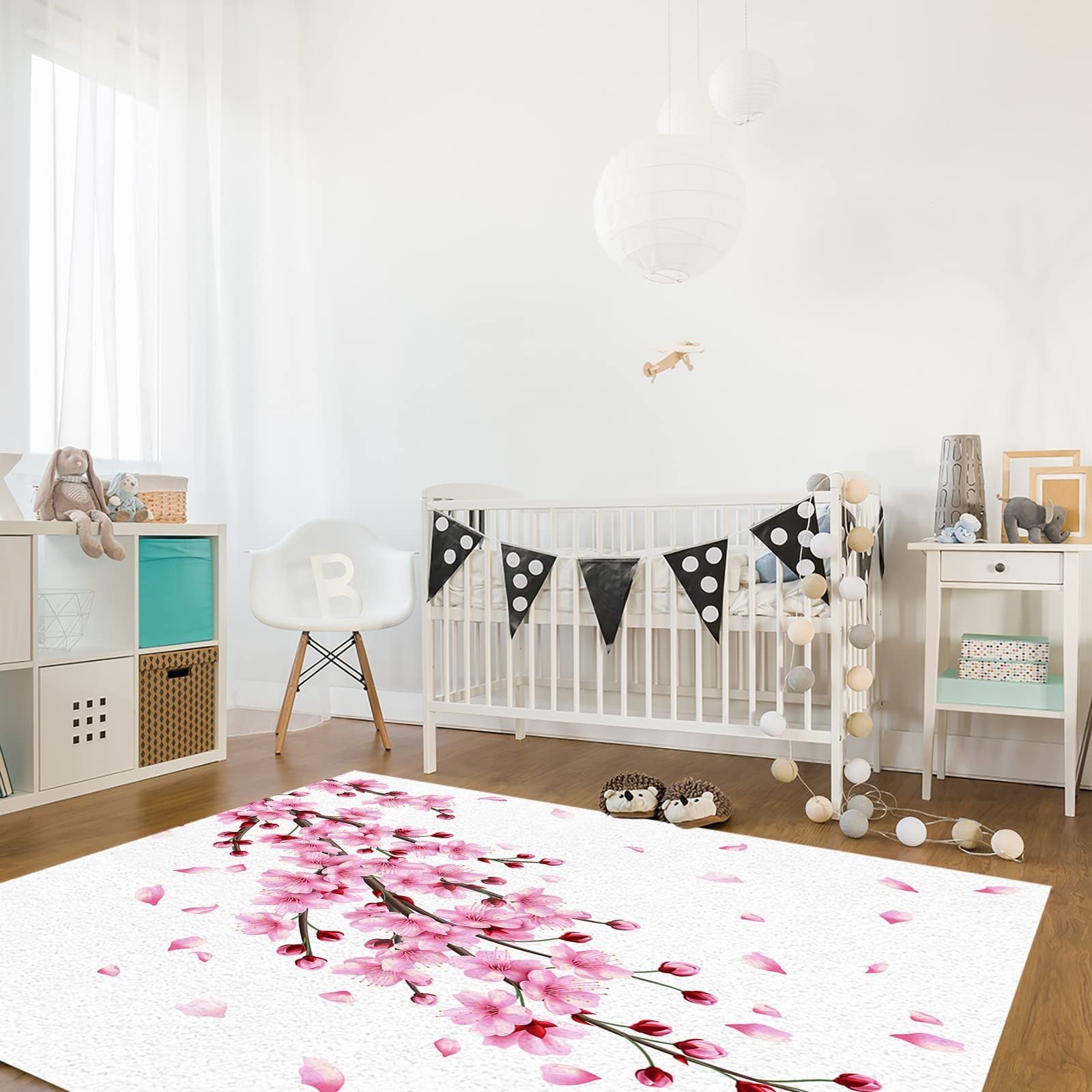 Spring Cherry Blossom Area Rug - Soft Washable Pink & White Floral Carpet for Nursery, Bedroom & Living Room - 6.6' x 5.3' Home Decor - Perfect for Kids' Rooms, Dorm Decor & Cozy Living Spaces