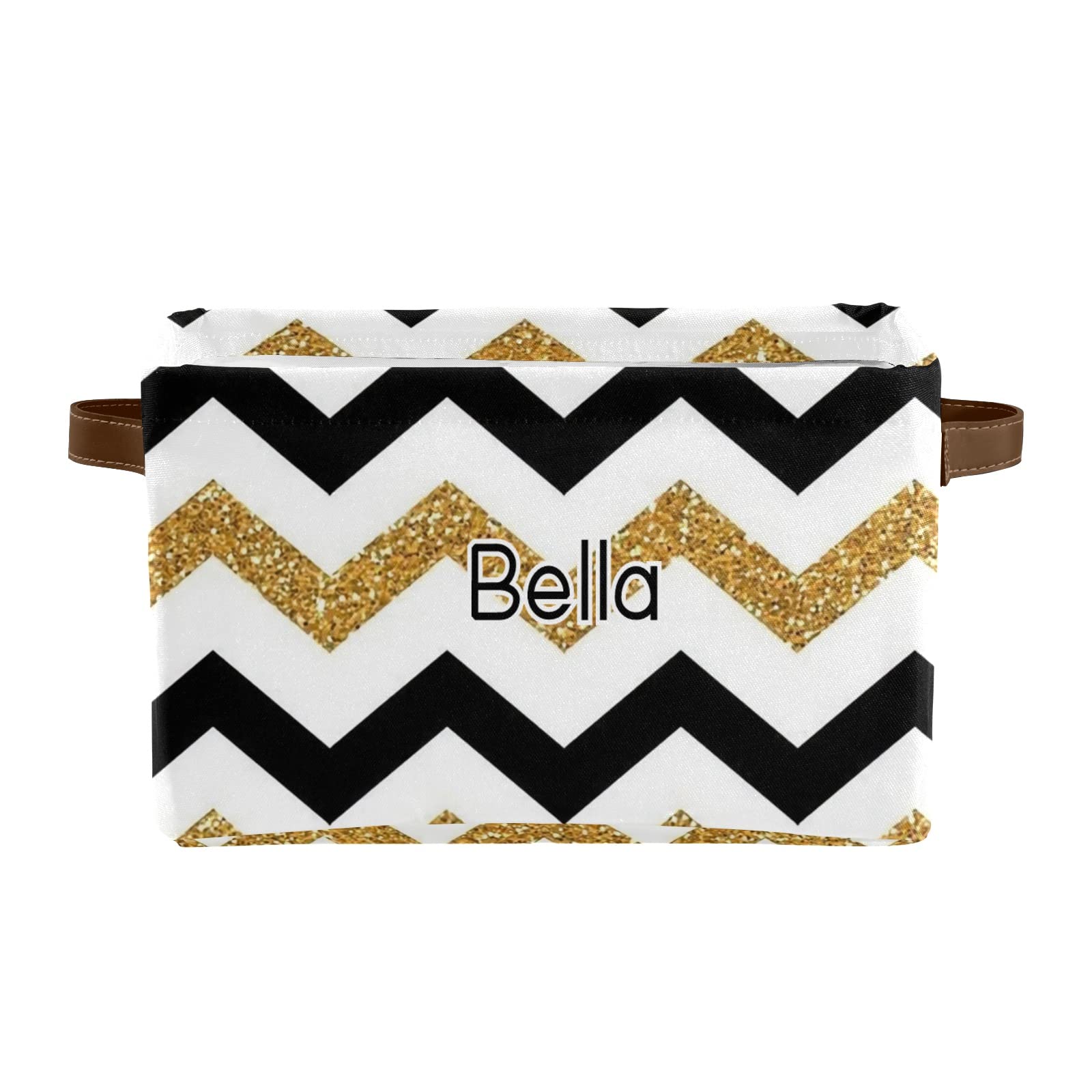 Personalized Gold & Black Stripe Canvas Storage Bins with Custom Name Text & Leather Handles - 2 Pack for Office, Bathroom, Nursery, Closet & Shelf Organization - Perfect for Home, Office & Gift Giving