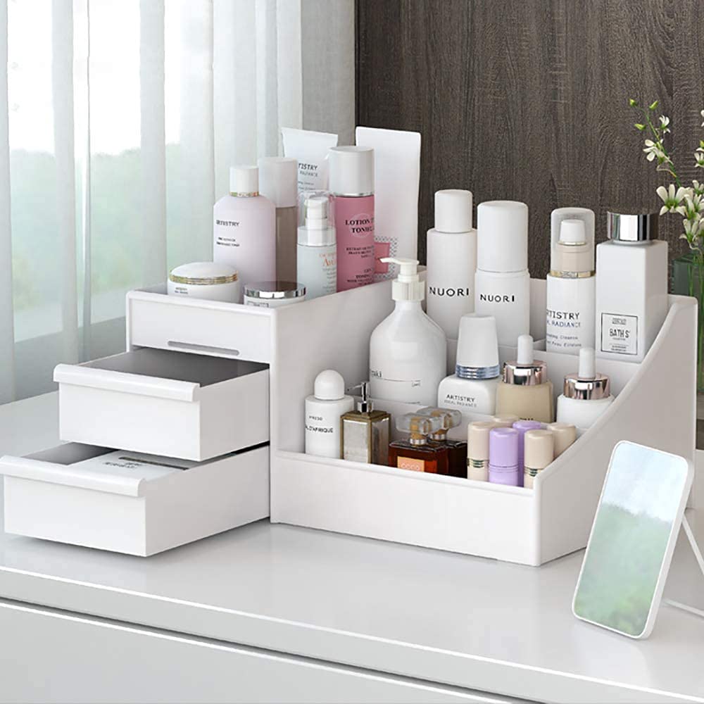 Large Capacity Cosmetic Storage Organizer Box for Makeup, Jewelry, Brushes & Nail Polish - White Desktop Vanity Organizer with Multiple Compartments | Perfect for Bedroom Dresser, Bathroom Counter & Travel Beauty Storage