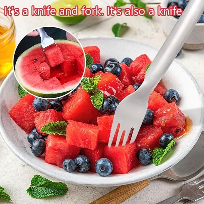 2 in 1 Stainless Steel Fruit Knife & Watermelon Fork Slicer Tool - Dual Head Fruit Cutter for Watermelon, Melon, Pineapple - Perfect for Picnics, BBQs & Kitchen Prep (1pc)