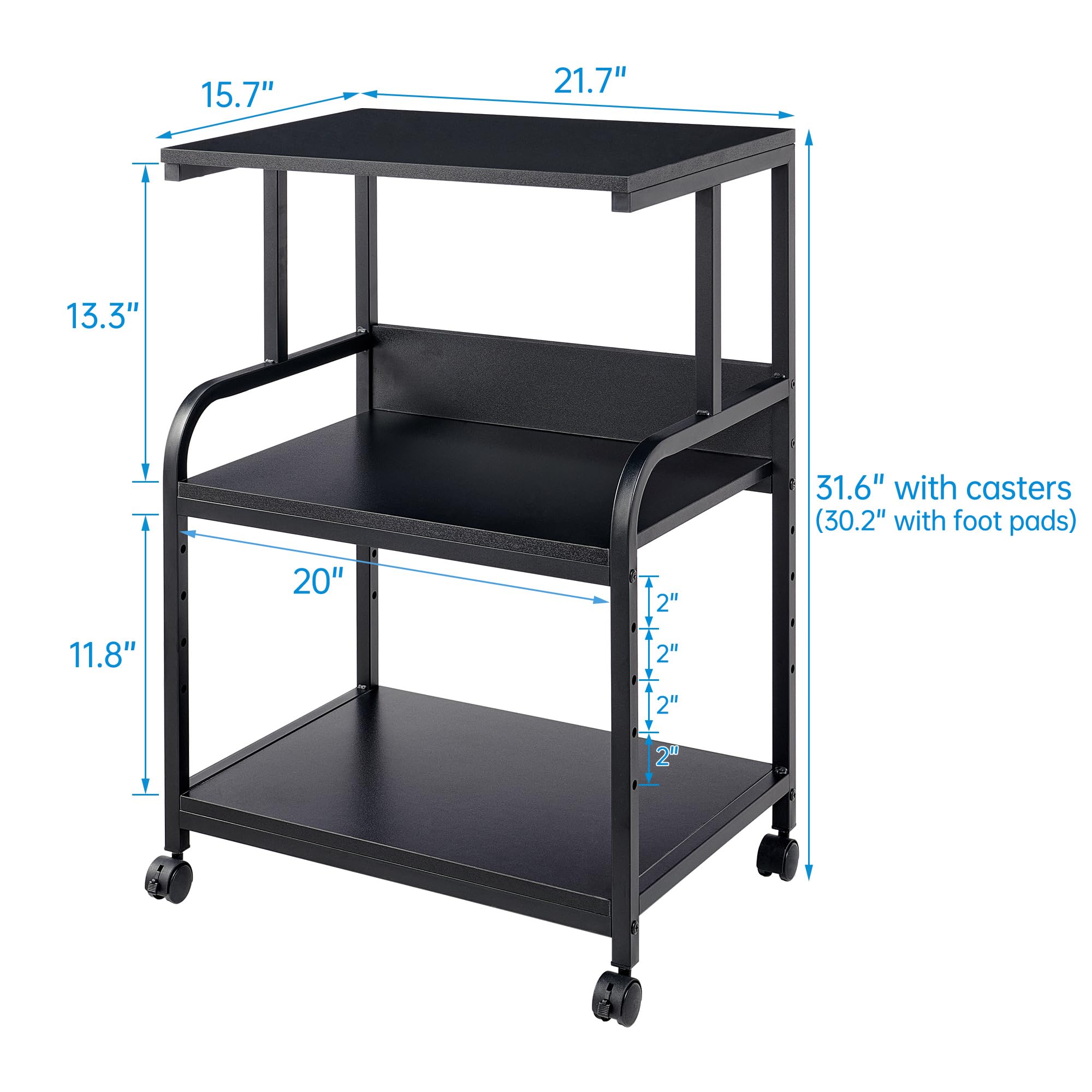 3-Tier Adjustable Height Printer Stand with Rolling Wheels - Black Office Printer Cart for Home & Workspace Organization - Perfect for Small Spaces & Multi-Device Setups