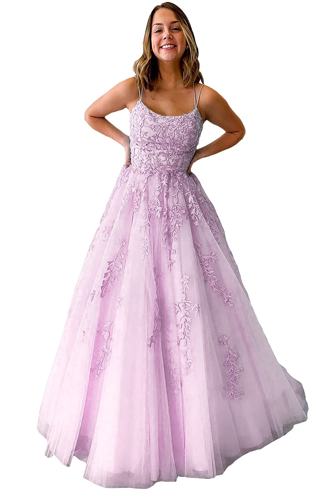 Elegant Lace Appliques A-Line Prom Dress for Women - Long Tulle Quinceanera Gown with Spaghetti Straps | Perfect for Formal Evening Events, Homecoming Dances & Special Occasions