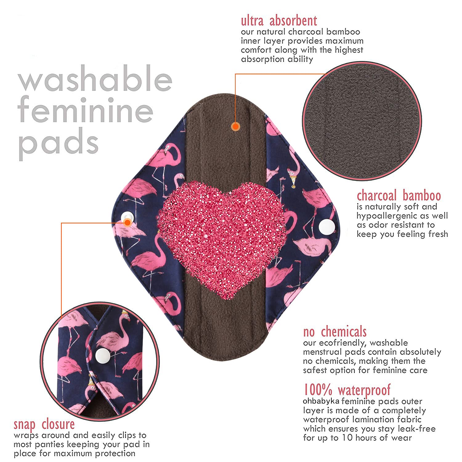 7pcs Bamboo Reusable Sanitary Pads - Washable & Absorbent - for Eco-Friendly Period Care