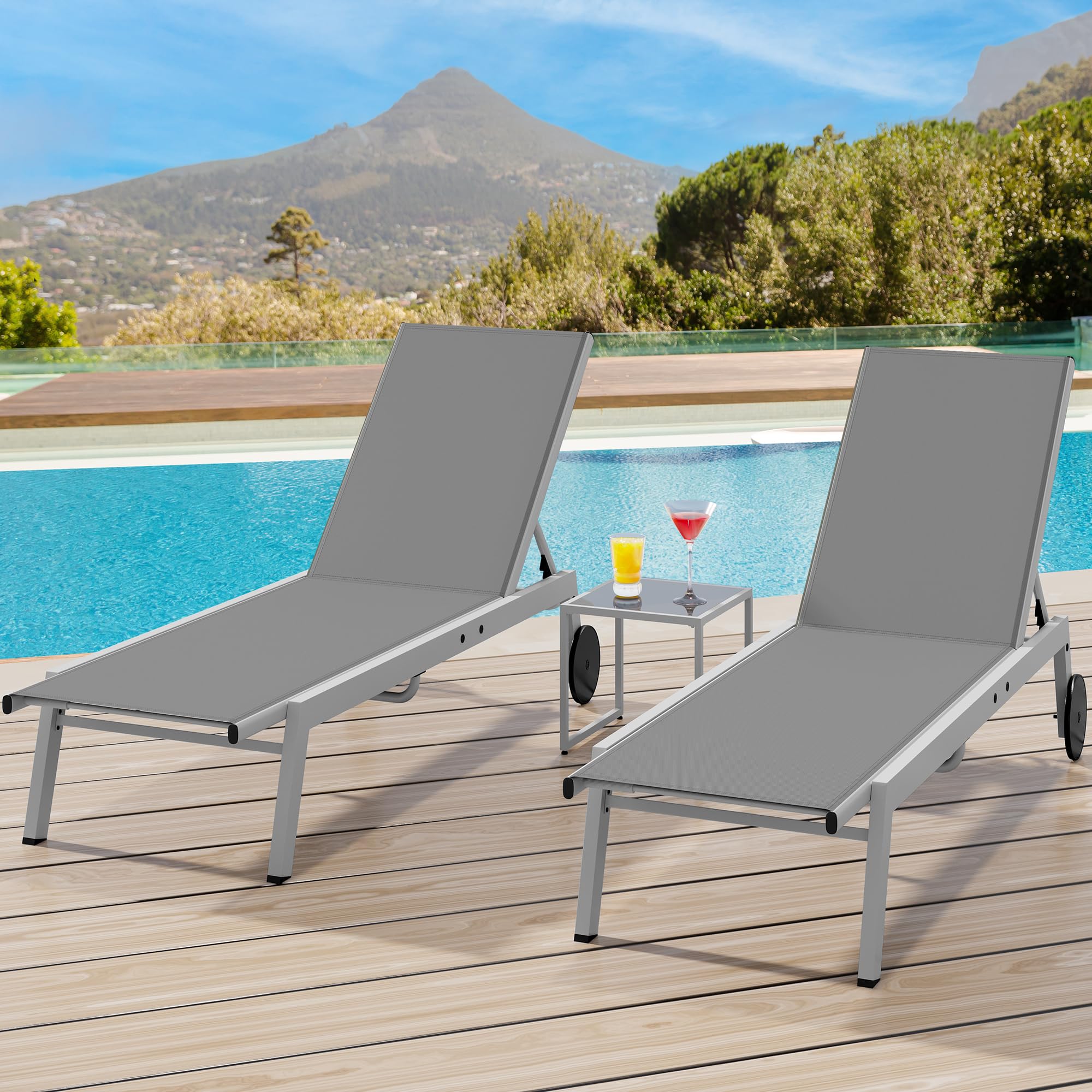 YITAHOME 3-Piece Patio Chaise Lounge Set with Adjustable Backrest & Wheels - Light Grey Outdoor Lounge Chairs with Side Table for Pool, Beach, Patio, Lawn & Porch Relaxation