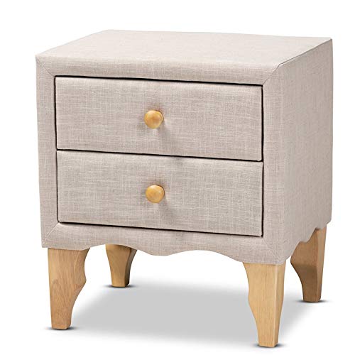 Baxton Studio Artis 2-Drawer Fabric and Wood Nightstand in Beige - Modern Bedside Table for Bedroom, Living Room & Guest Room Decor