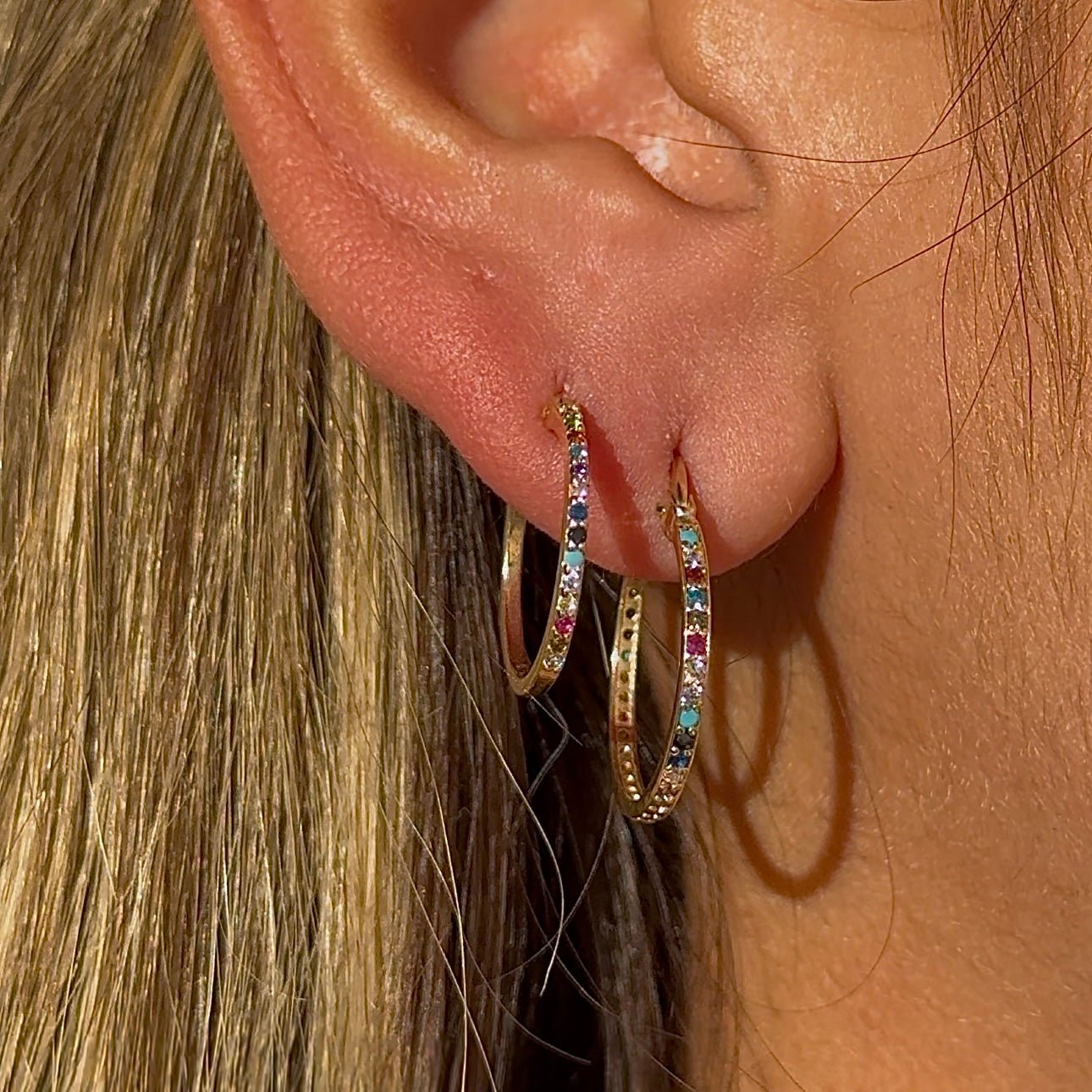14K Yellow Gold Rainbow Pavé Studded Hoop Earrings - Dainty & Elegant Jewelry for Women - Perfect for Parties, Weddings & Everyday Wear