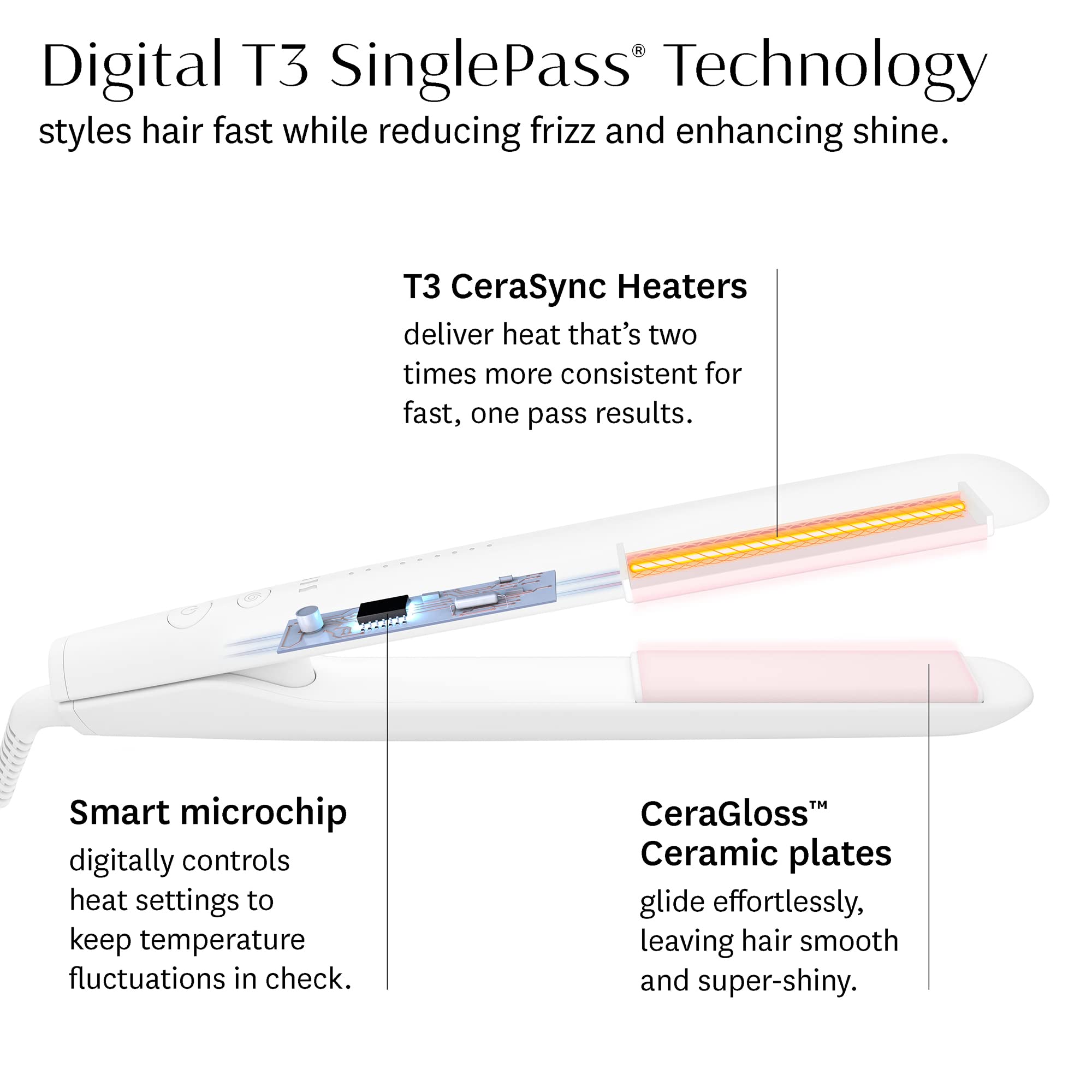 T3 SinglePass StyleMax Professional 1 Inch Ceramic Flat Iron - 9 Adjustable Heat Settings, Custom Heat Automation, Extra Long Ceramic Plates for Straightening, Waving, Curling & Styling - Perfect for Salon Professionals & Home Use