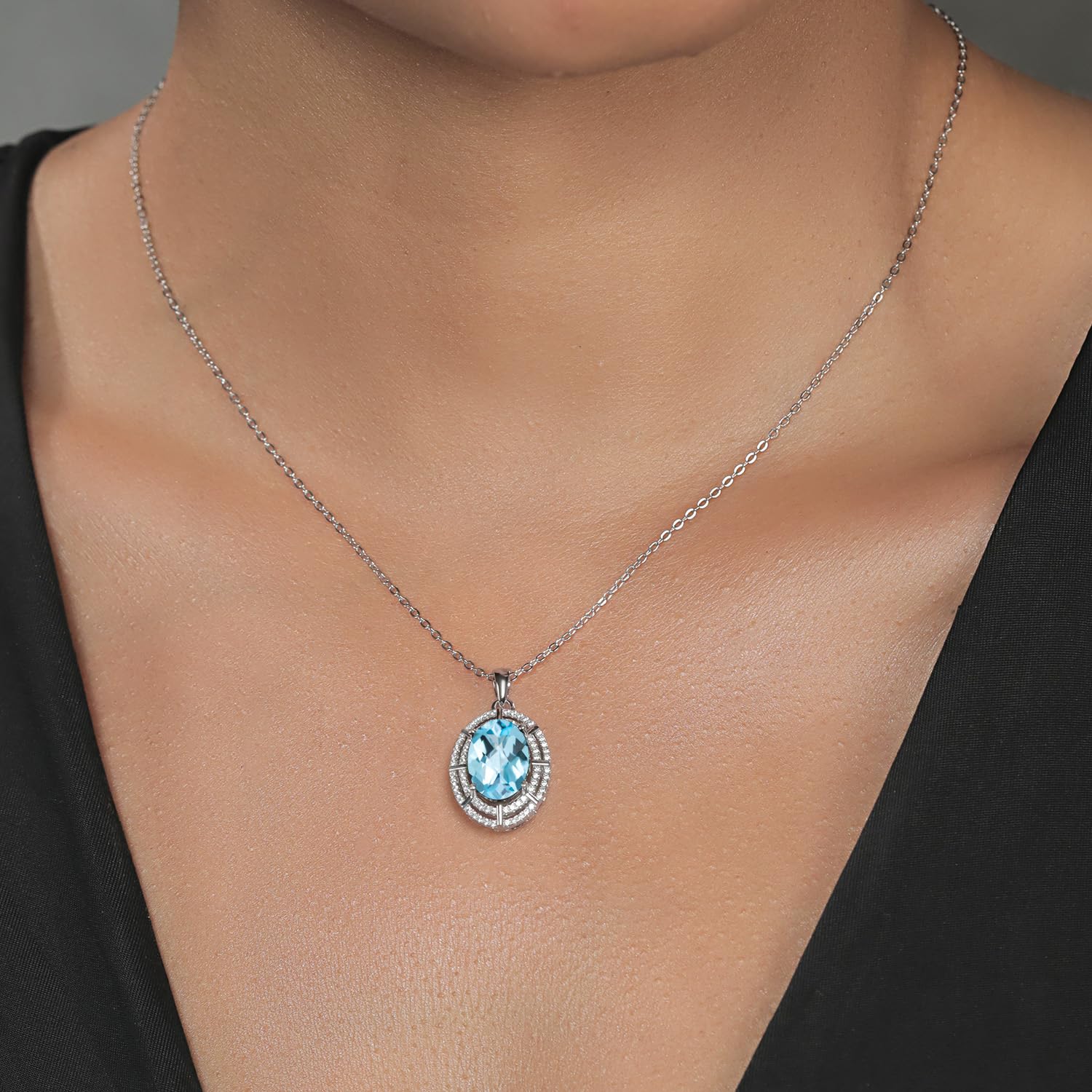 Gem Stone King 5-10 Cttw Two Row Halo Necklace with 14X10MM Oval Gemstone Birthstone in 925 Sterling Silver | Double Row Halo Pendant Necklace for Women | 18 Inch Silver Chain | Perfect Gift for Birthday, Anniversary & Valentine's Day