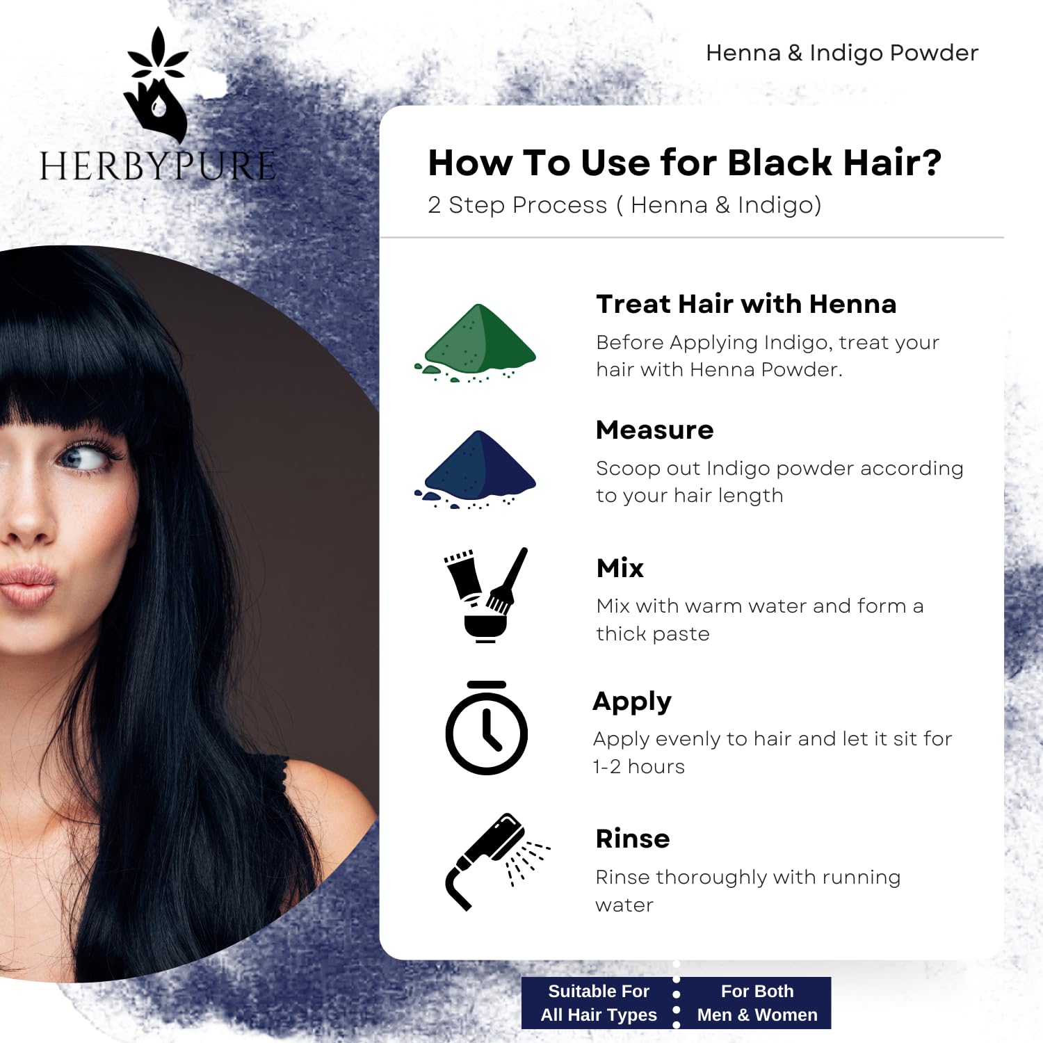Herby Pure Organic Indigo Powder for Black Hair - 100g Natural Hair Dye with Free Applicator, Gloves & Hair Net | DIY Hair Coloring at Home, Safe & Chemical-Free