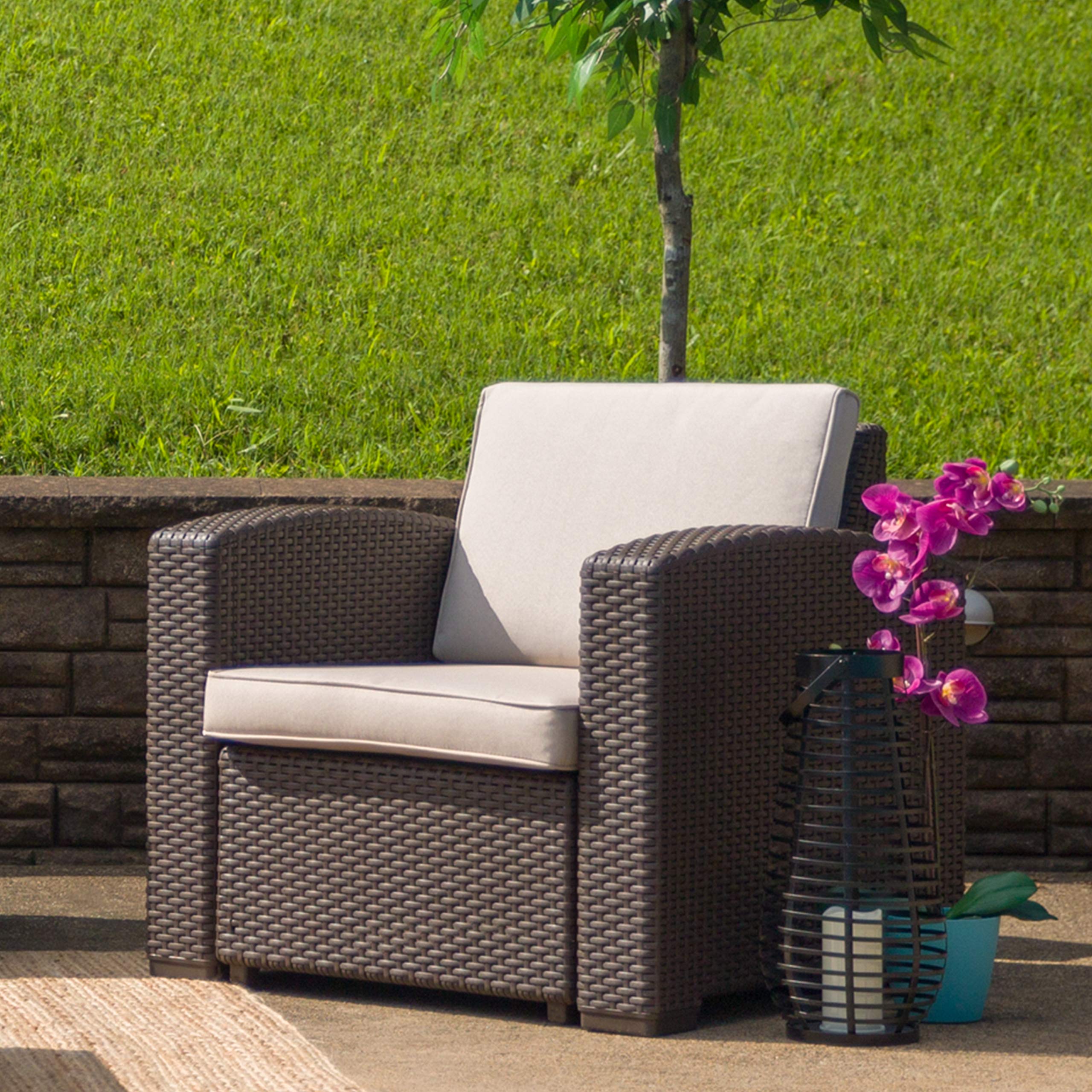 Emma & Oliver Chocolate Brown Faux Rattan Accent Chair with Beige Cushion - Boho Patio Furniture for Outdoor Garden, Porch, and Living Room Decor