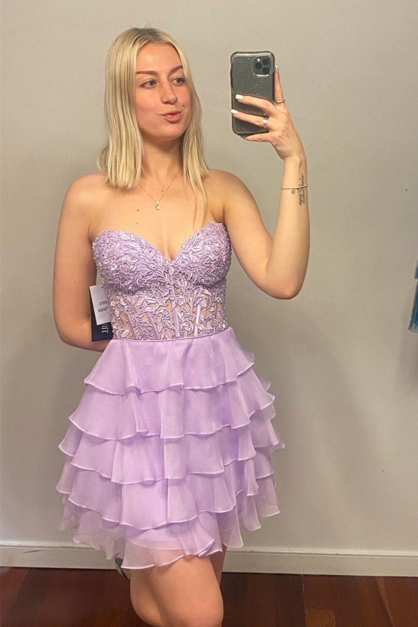 Lavender Lace Short Homecoming Dress with Sweetheart Neckline & Ruffles - Elegant Chiffon Prom Dress for Dances, Parties & Special Occasions