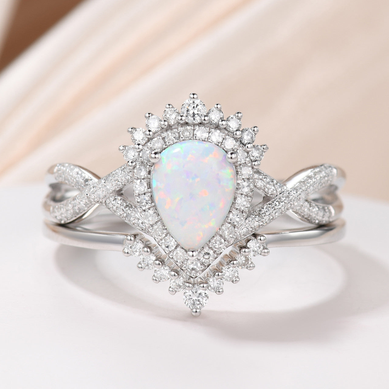 Vintage Opal Diamond Engagement Ring Set - 14K White Gold Pear Shaped Wedding Band for Women - Perfect for Proposals, Anniversaries & Bridal Jewelry