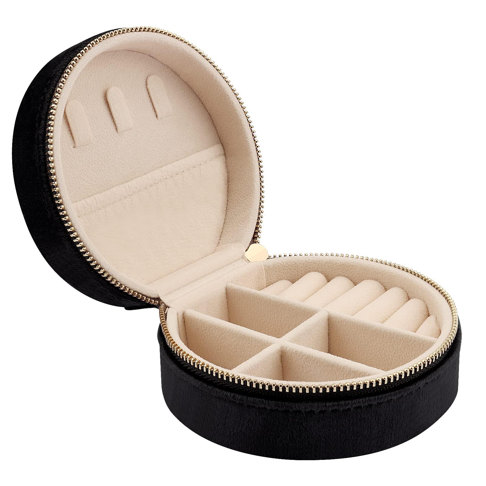 DesignSter Travel Jewelry Box - Velvet Mini Jewelry Organizer for Women & Girls, Small Jewelry Storage Case for Rings, Earrings, Necklaces - Portable Jewelry Holder for Travel, Home, Office (Circular, Black)