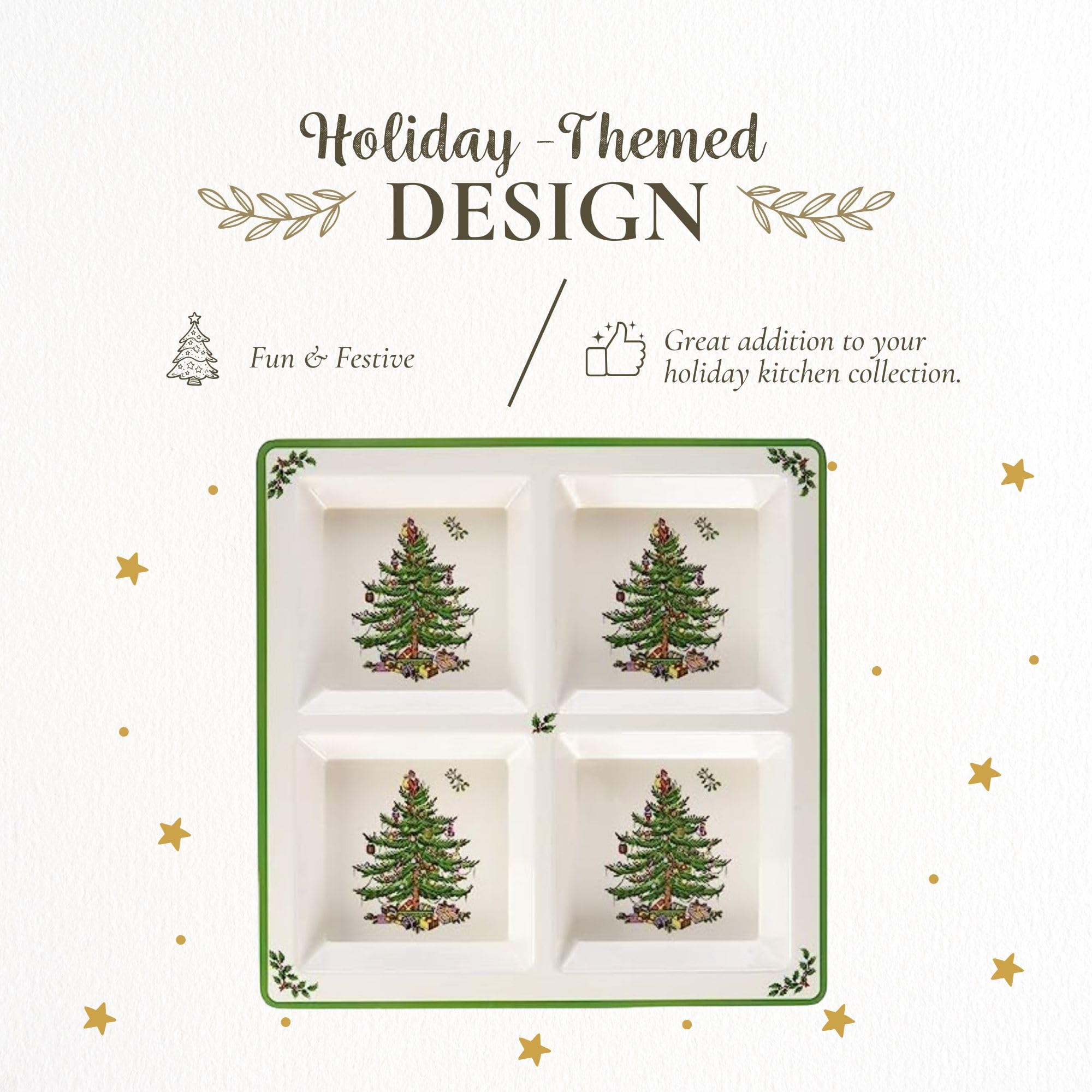 Spode Christmas Tree Melamine 4-Section Serving Tray - 13.5 Inch Divided Holiday Serveware for Nuts, Candy & Condiments - Festive Tableware for Christmas Parties, Family Gatherings & Holiday Entertaining - Durable Indoor/Outdoor Use
