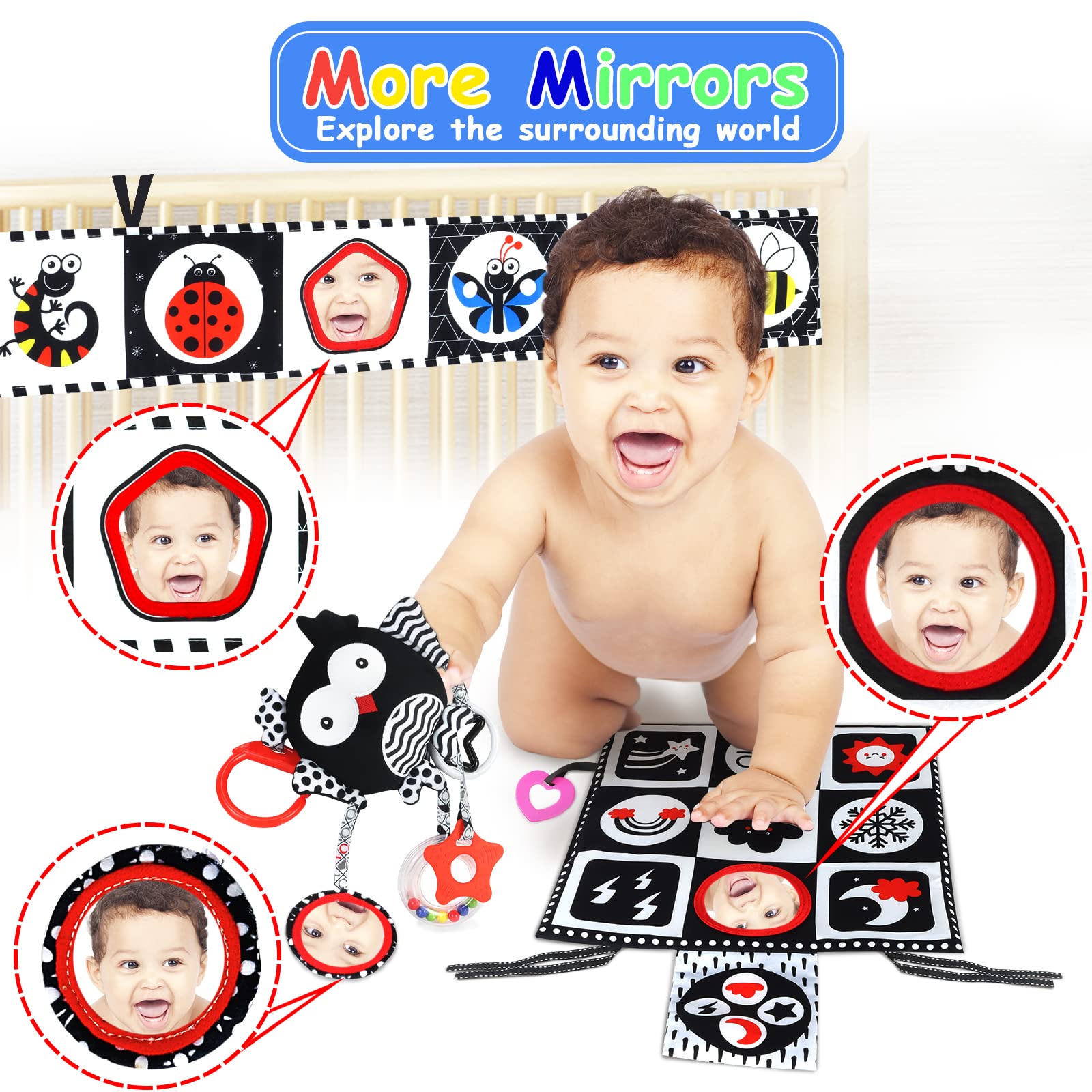 Black and White High Contrast Baby Toys 0-12 Months with Mirror, Crinkle & Rattles - Montessori Sensory Toys for Newborn Brain Development - Soft Tummy Time & Playtime Infant Toys for 0-3-6-9 Months - Perfect for Nursery, Daycare & Travel