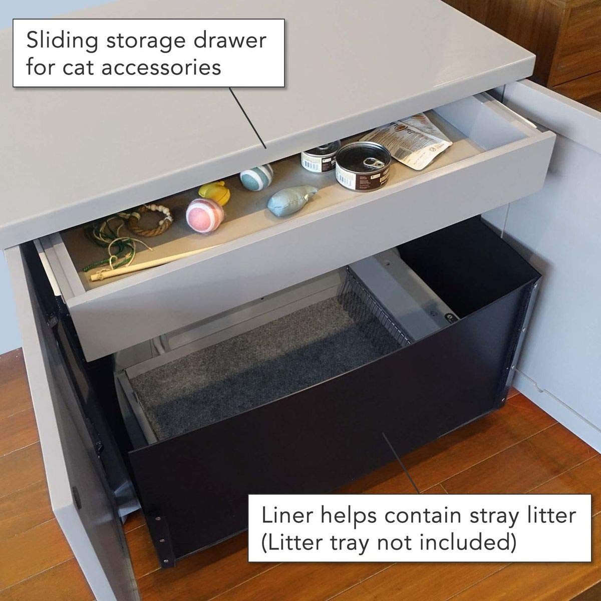 Modern Smoke Gray Cat Litter Box Enclosure Cabinet with Drawer - Mid-Century Design Hidden Litter Furniture for Large Cats - Perfect for Living Rooms, Bedrooms & Small Spaces