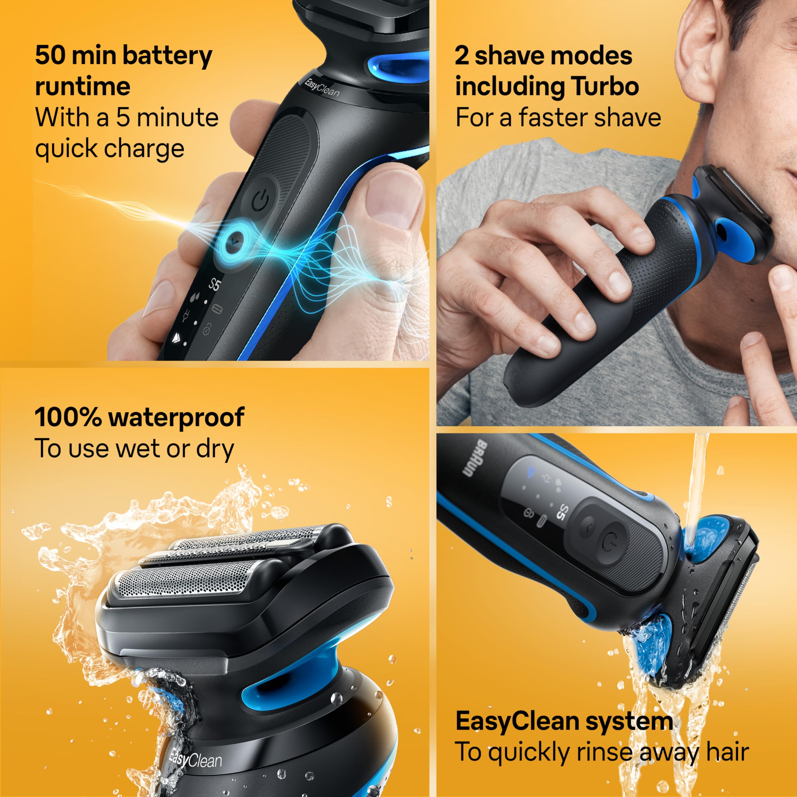Braun Series 5 5150cs Men's Electric Shaver - Wet & Dry Foil Shaver with Turbo Mode, Beard Trimmer & Body Groomer - Includes Charging Stand (Blue) - Perfect for Travel, Home Use & Quick Shaving
