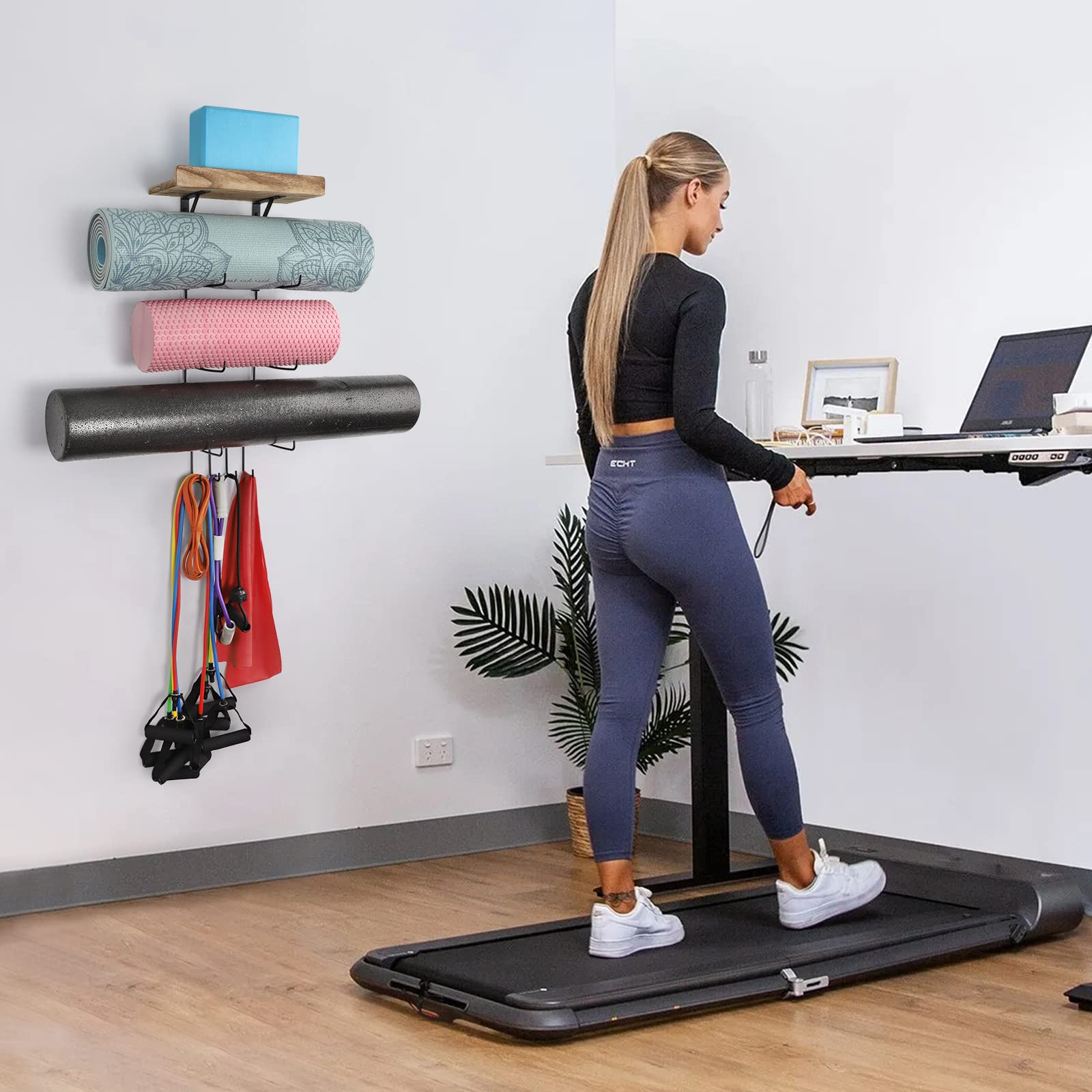 VINAEMO Yoga Mat Holder Wall Mount Organizer - 4 Hooks & Wooden Shelves for Foam Roller, Towel, Resistance Bands Storage - Home Gym, Yoga Studio, Office & School Decor Accessory