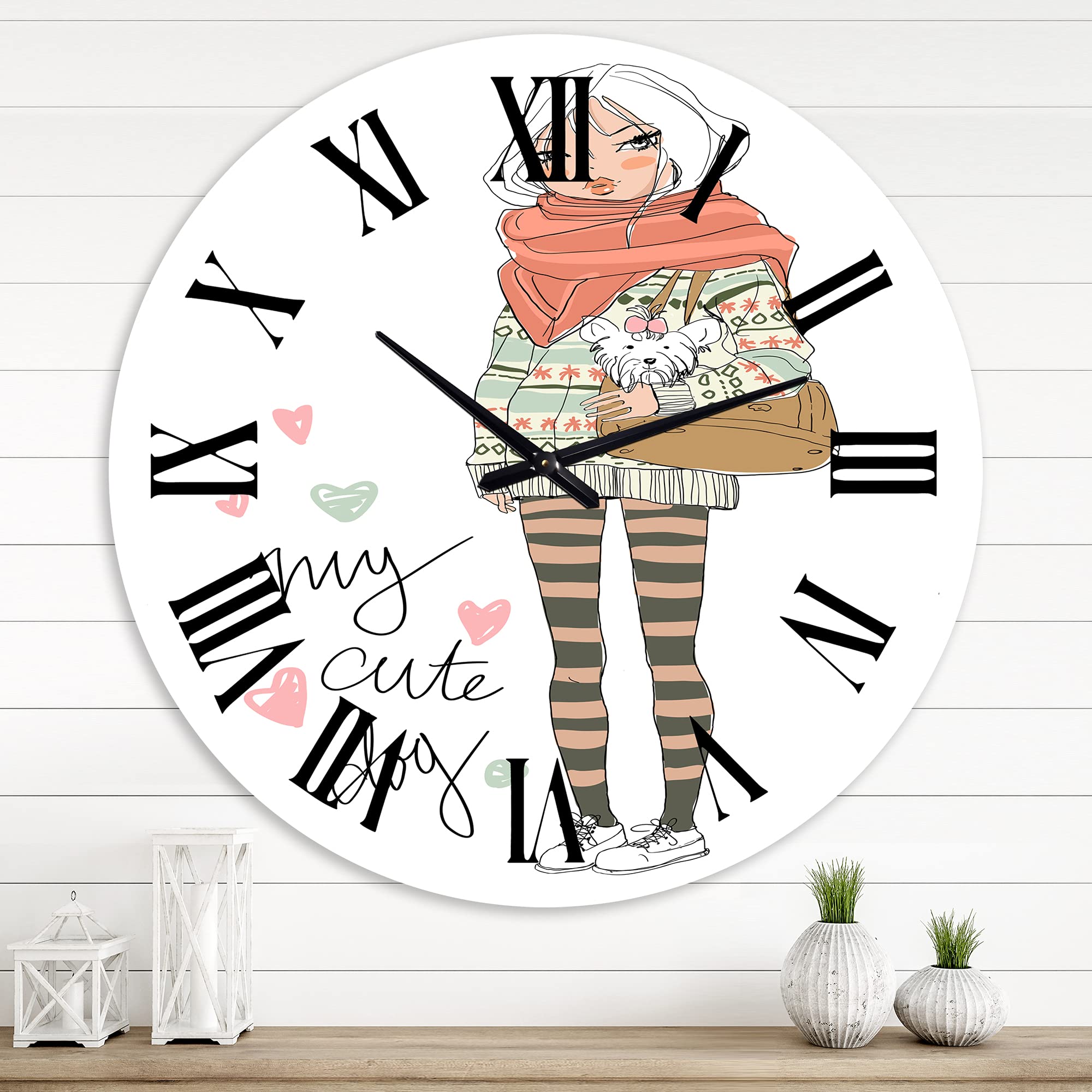 DesignQ Shabby Chic Wall Clock - Large Vintage 'Cute Girl with Dog' Decorative Clock for Living Room, Bedroom & Office | Rustic Home Decor Gift Idea