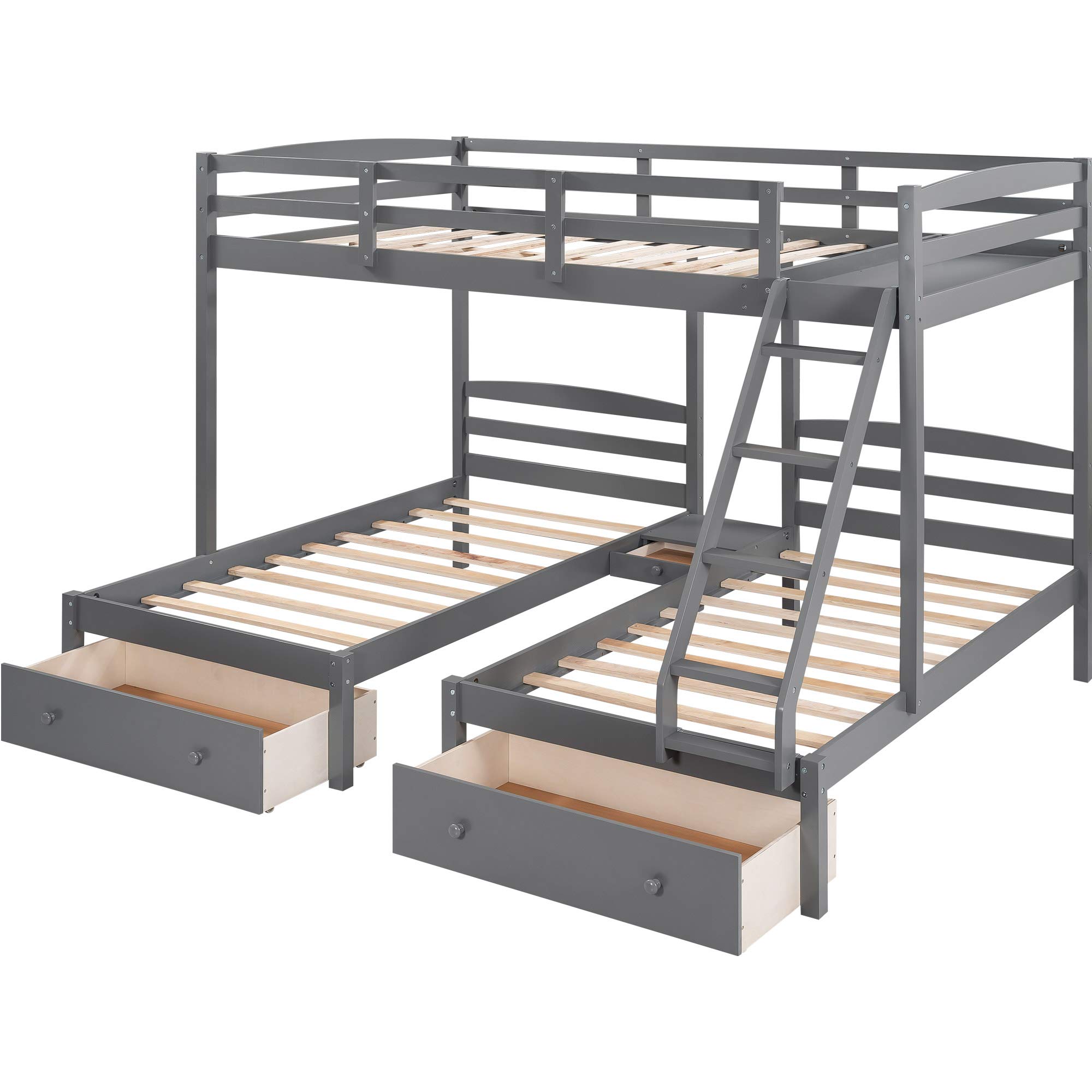 Full Over Twin & Twin Bunk Bed Frame - Solid Wood Triple Bunk Bed with Drawers & Guardrails for Kids, Teens & Adults - Space Saving Bedroom Furniture for Small Rooms, Dorms & Guest Rooms