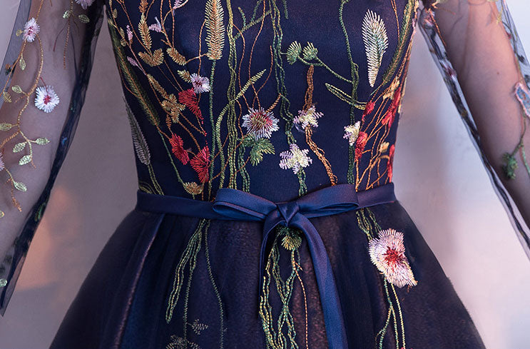 Elegant Blue Floral Midi Illusion A-Line Prom Dress for Homecoming, Wedding Guest & Special Occasions | Formal Evening Gown for Women