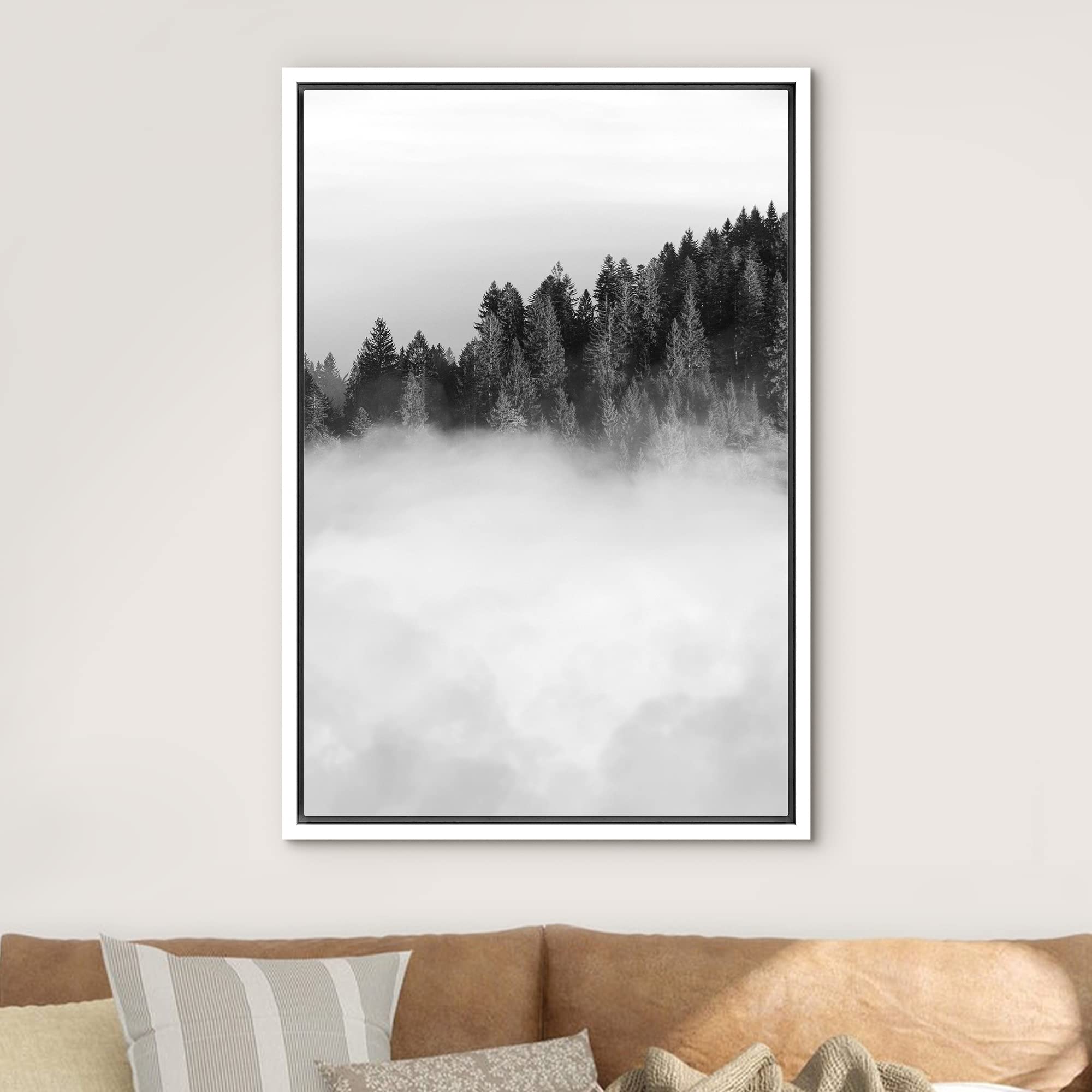 IDEA4WALL Framed Canvas Print - Black & White Forest Mist Woodland Nature Art, Rustic Dramatic Wilderness Decor, 24