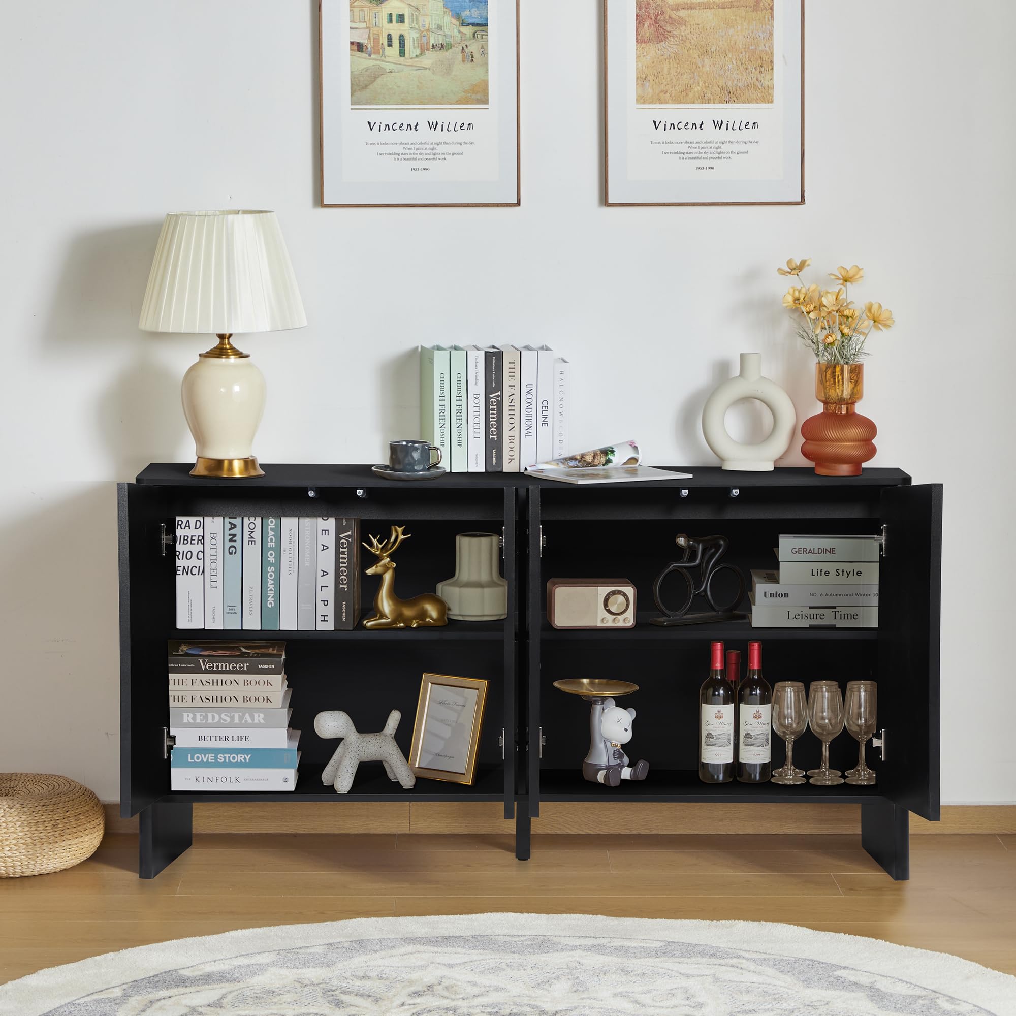 Modern Sideboard Buffet Cabinet with 4 Fluted Doors & Adjustable Shelves - Wood Credenza Storage Console for Kitchen, Dining Room, Living Room & Entryway - Stylish Home Organization Solution (Black)
