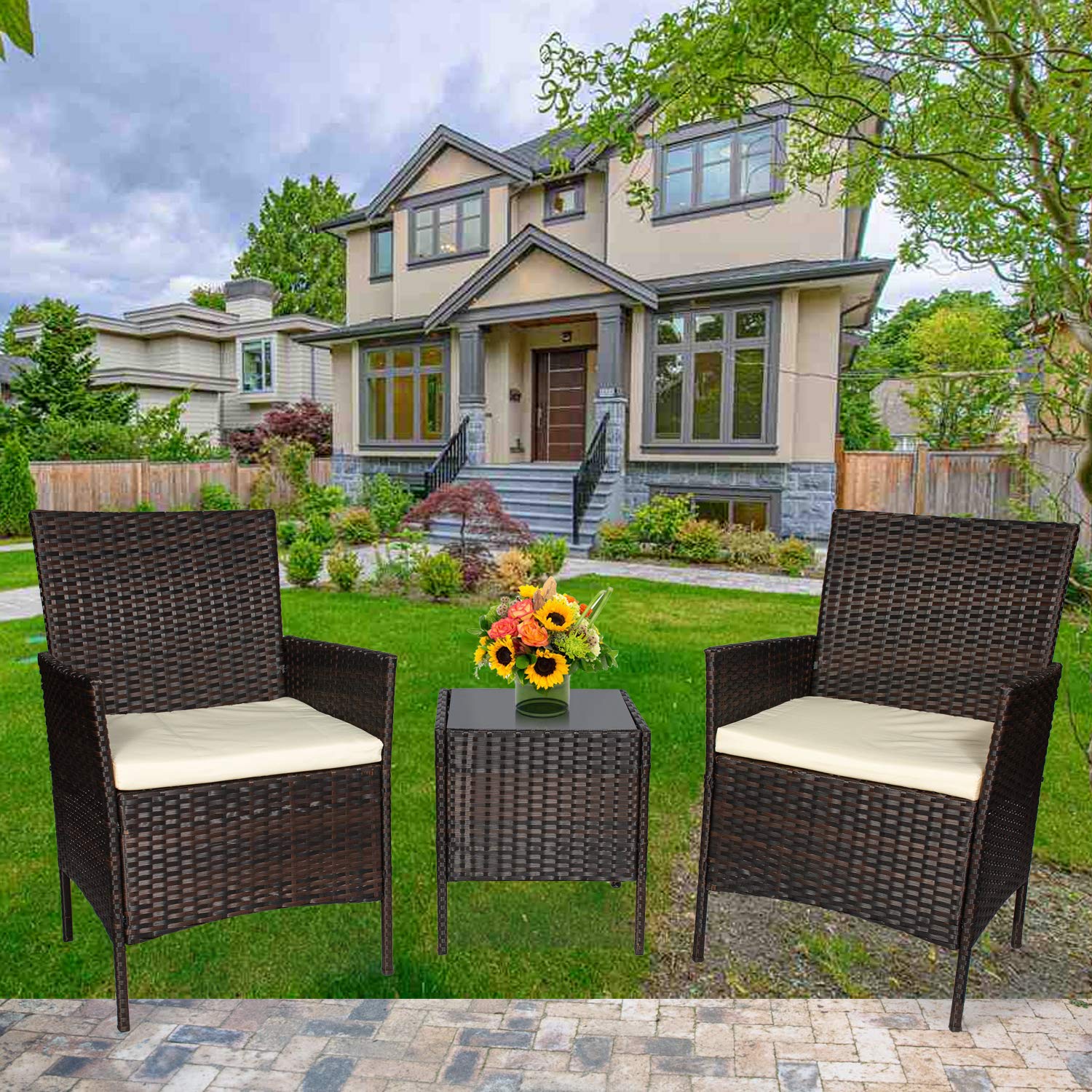 3-Piece Outdoor Patio Furniture Set - PE Wicker Rattan Chairs & Table with Cushions (Brown & Beige) - Perfect for Garden, Backyard, Poolside & Balcony Relaxation