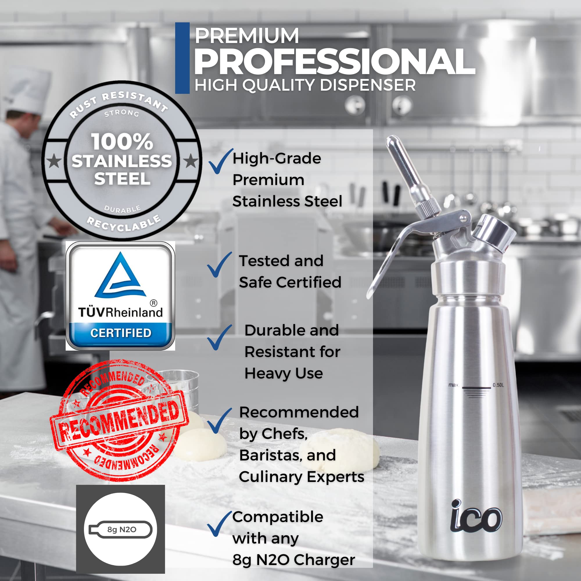 Professional Stainless Steel Whipped Cream Dispenser 0.5L (1 Pint) - Perfect for Homemade Whipping Cream, Desserts, Dips, Sauces, Infused Oils & Cocktails | Ideal for Baking, Coffee Shops & Home Bartending