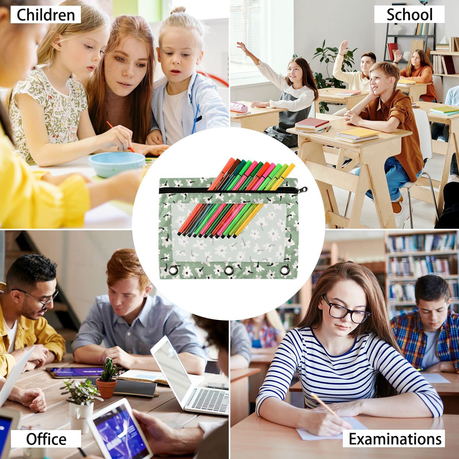 Daisy Sage Green 3-Ring Binder Pencil Pouch 2-Pack - Waterproof Plastic Zippered Pencil Case & Cosmetic Organizer for School, Office & Travel Supplies