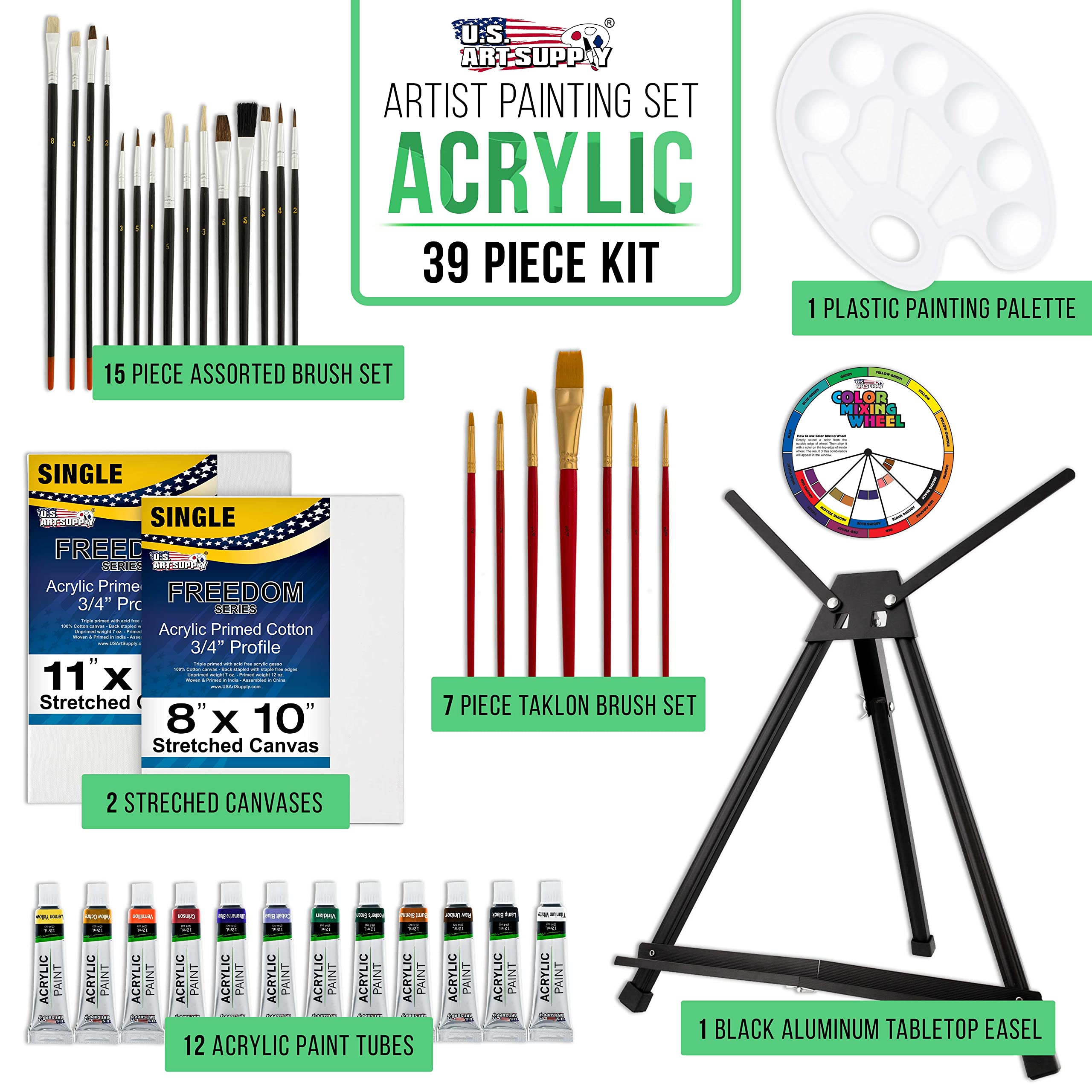 U.S. Art Supply 39-Piece Complete Artist Painting Set with Wooden Easel - 12 Vibrant Acrylic Paints, 22 Professional Brushes, 2 Stretched Canvases & Mixing Palette - Perfect for Kids, Students & Adult Artists - Includes Color Wheel Guide - Ideal for Home, Classroom & Studio Painting Projects
