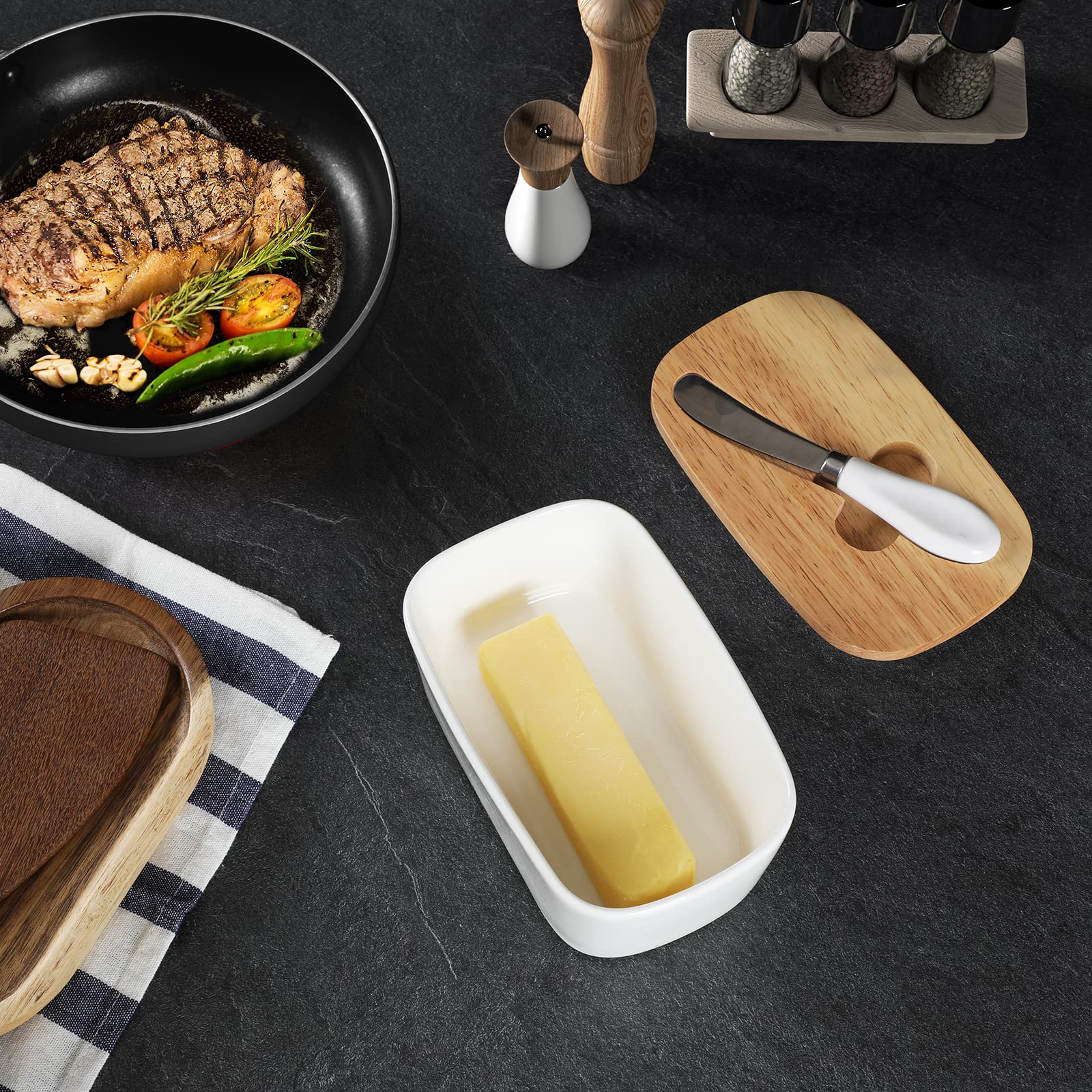 Large Ceramic Butter Dish with Silicone Seal - Natural Wood Lid & Stainless Steel Butter Knife - Countertop Butter Keeper for Fresh Storage - Elegant White Kitchen Decor & Housewarming Gift for Bakers & Home Chefs