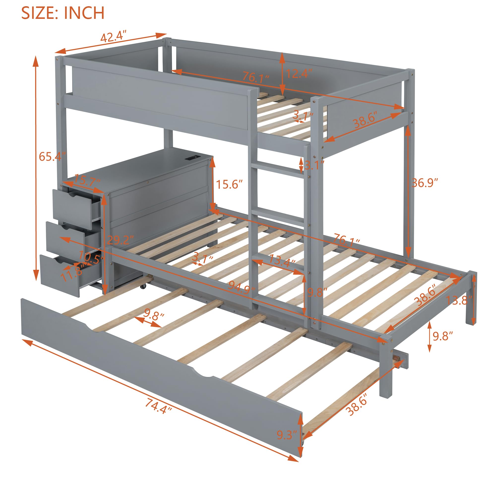 Harper & Bright Designs Twin Over Twin Bunk Bed with Trundle, Desk & Storage Drawers - Solid Wood Bunk Bed Frame for Kids, Teens & Adults - Space Saving Gray Bedroom Furniture for Small Rooms, Guest Rooms & Vacation Homes
