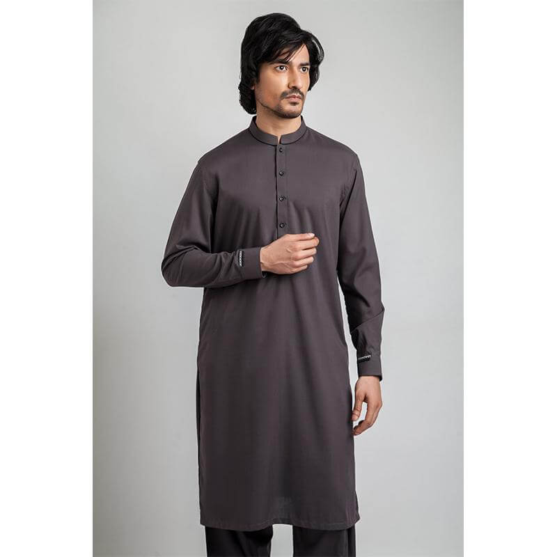 Premium Charcoal Grey Embroidered Edged Collar Shalwar Kameez for Men - Traditional Pakistani Formal Wear for Weddings & Special Occasions