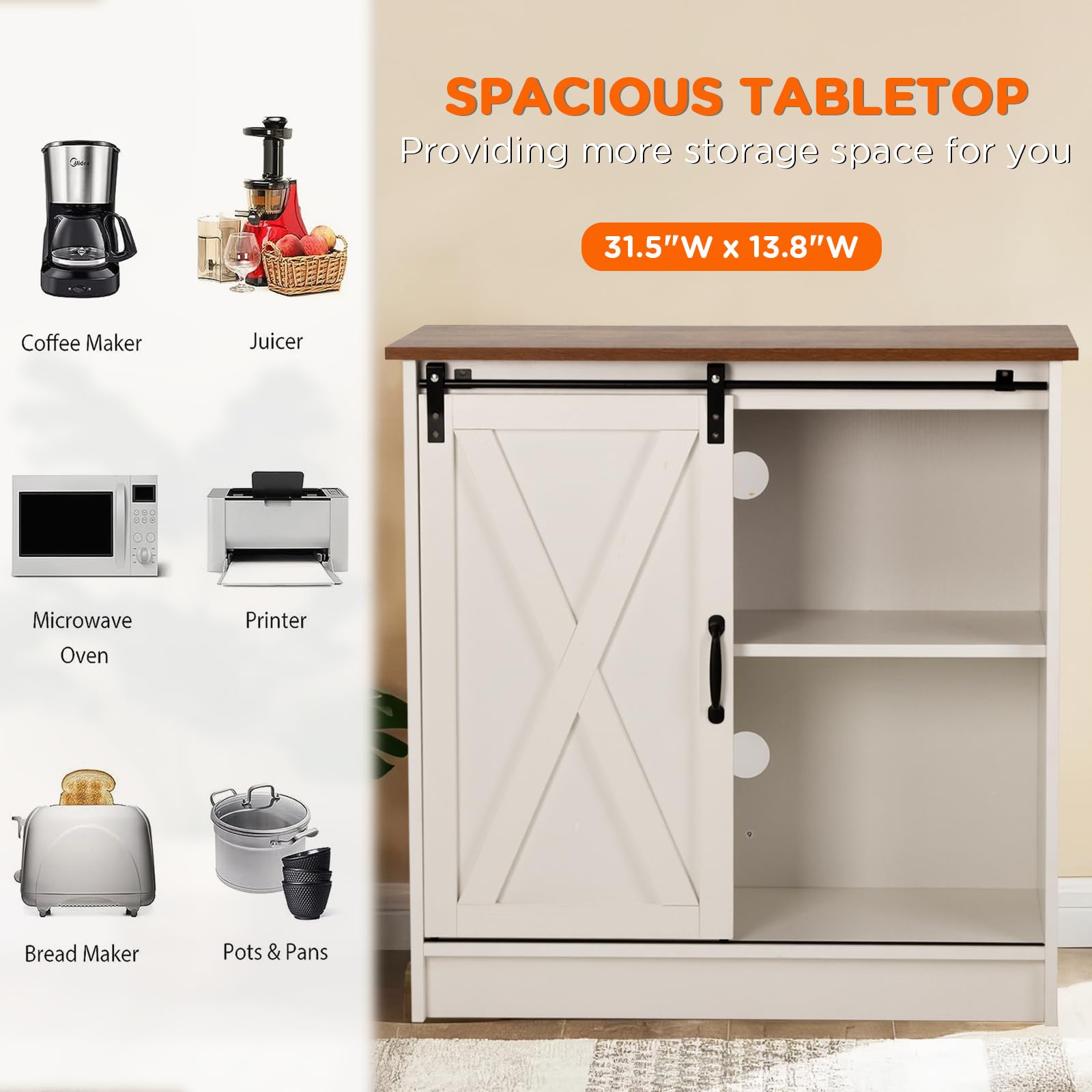 Farmhouse White Coffee Bar Cabinet with Storage - Sliding Barn Door & Adjustable Shelves - Perfect for Kitchen, Dining Room, or Living Room Coffee Station Setup
