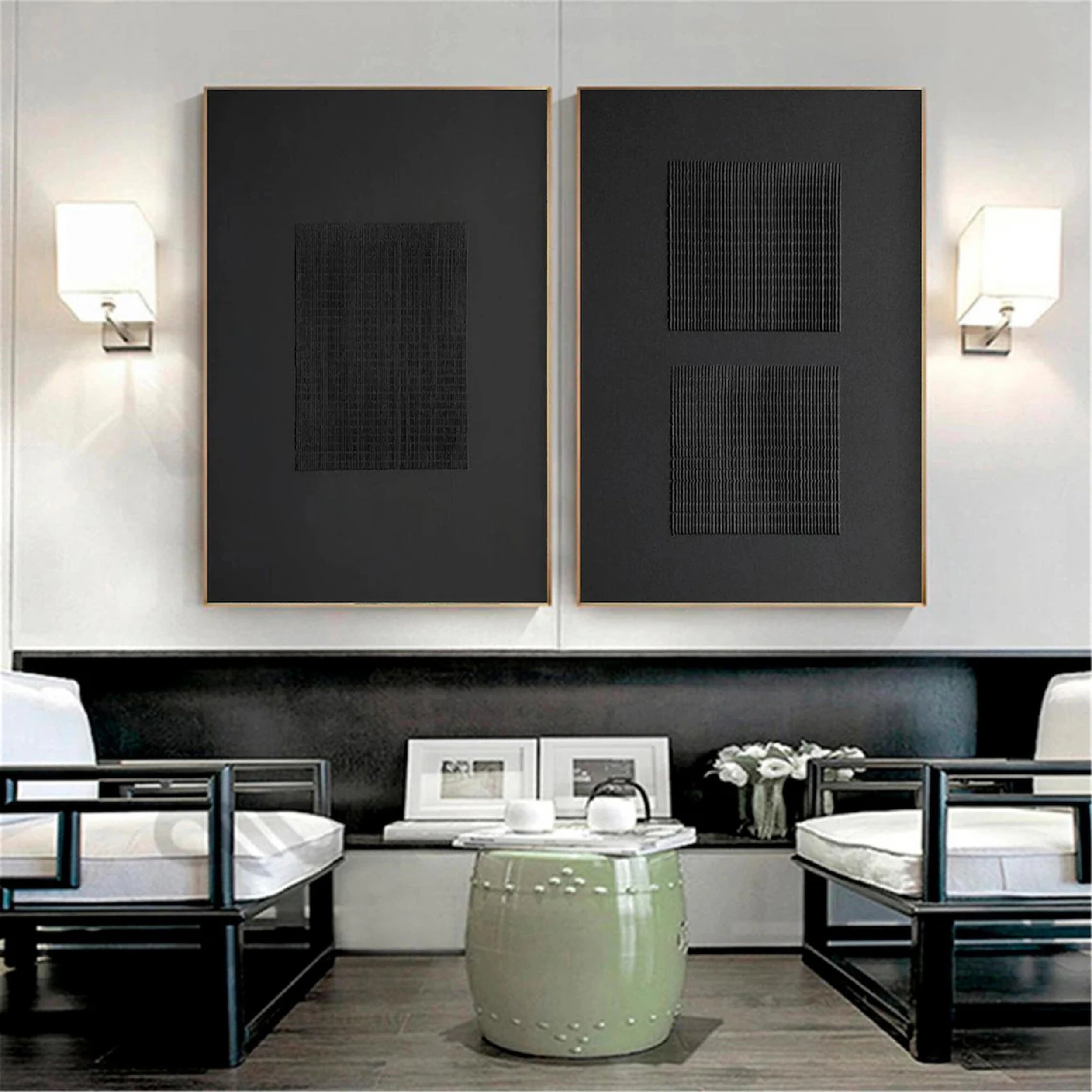 Black Minimalist Textured Paintings Canvas Set of 2 - Modern Abstract Wall Art for Living Room, Bedroom & Office Decor #MZ072