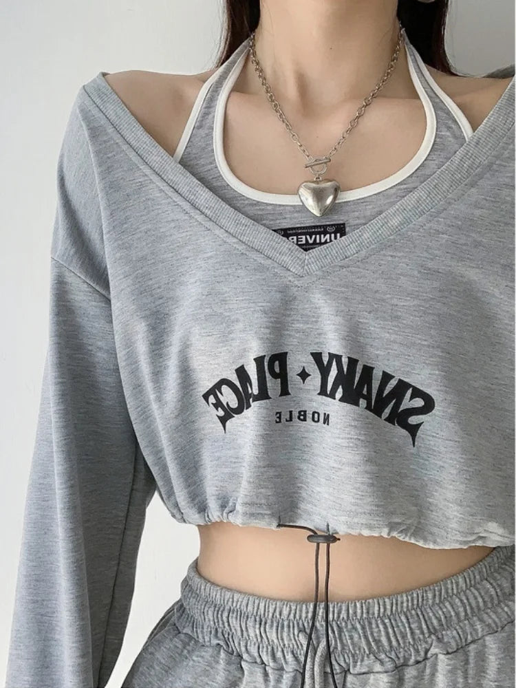 Vintage American Retro School Halter Crop Top for Women - Sexy Off Shoulder Long Sleeve Casual Tee | Perfect for Date Night, Music Festivals & Streetwear Fashion