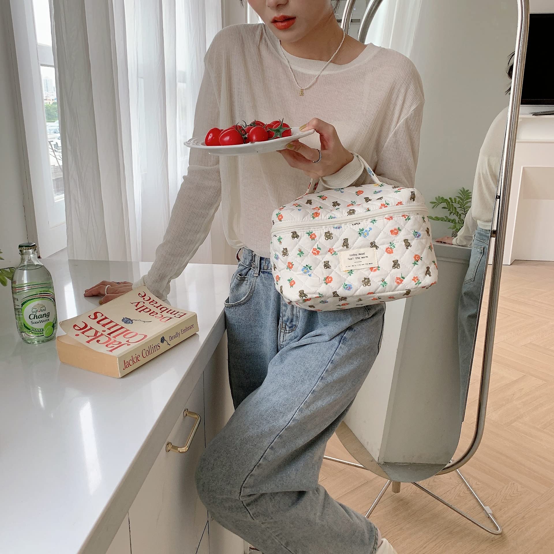 Floral Makeup Bag for Women - Cute Cosmetic Organizer with Bear Design, Travel Toiletry Storage Pouch, Perfect for Handbags & Purses (Big Size) | Ideal for Travel, Gym, and Daily Makeup Organization