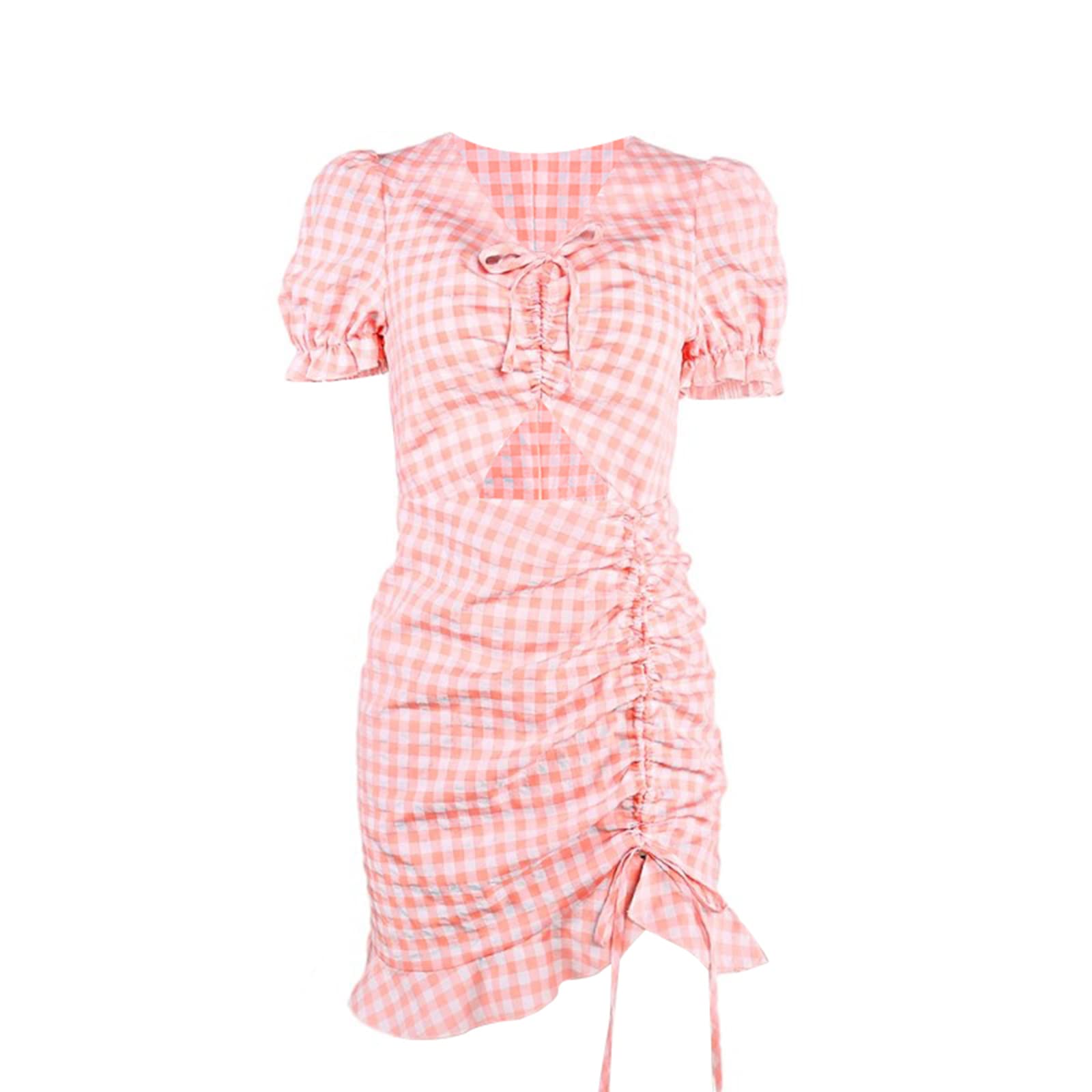 Stylish Pink Plaid Bodycon Dress for Women - V-Neck Short Sleeve Hollow Out One-Piece with Adjustable Drawstring | Perfect for Date Night, Parties & Casual Outings