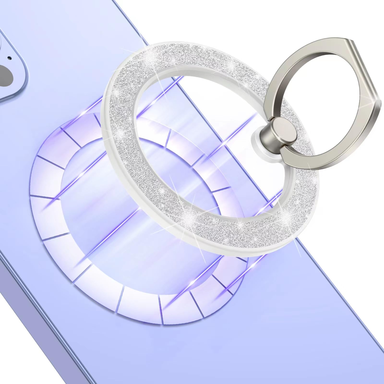 MindSky Magnetic Phone Ring Holder - Compatible with iPhone 15 14 13 12 & MagSafe Accessories | Adjustable 360° Finger Grip | Removable for Wireless Charging (Glitter White) | Perfect for Commuting, Gym & Daily Use