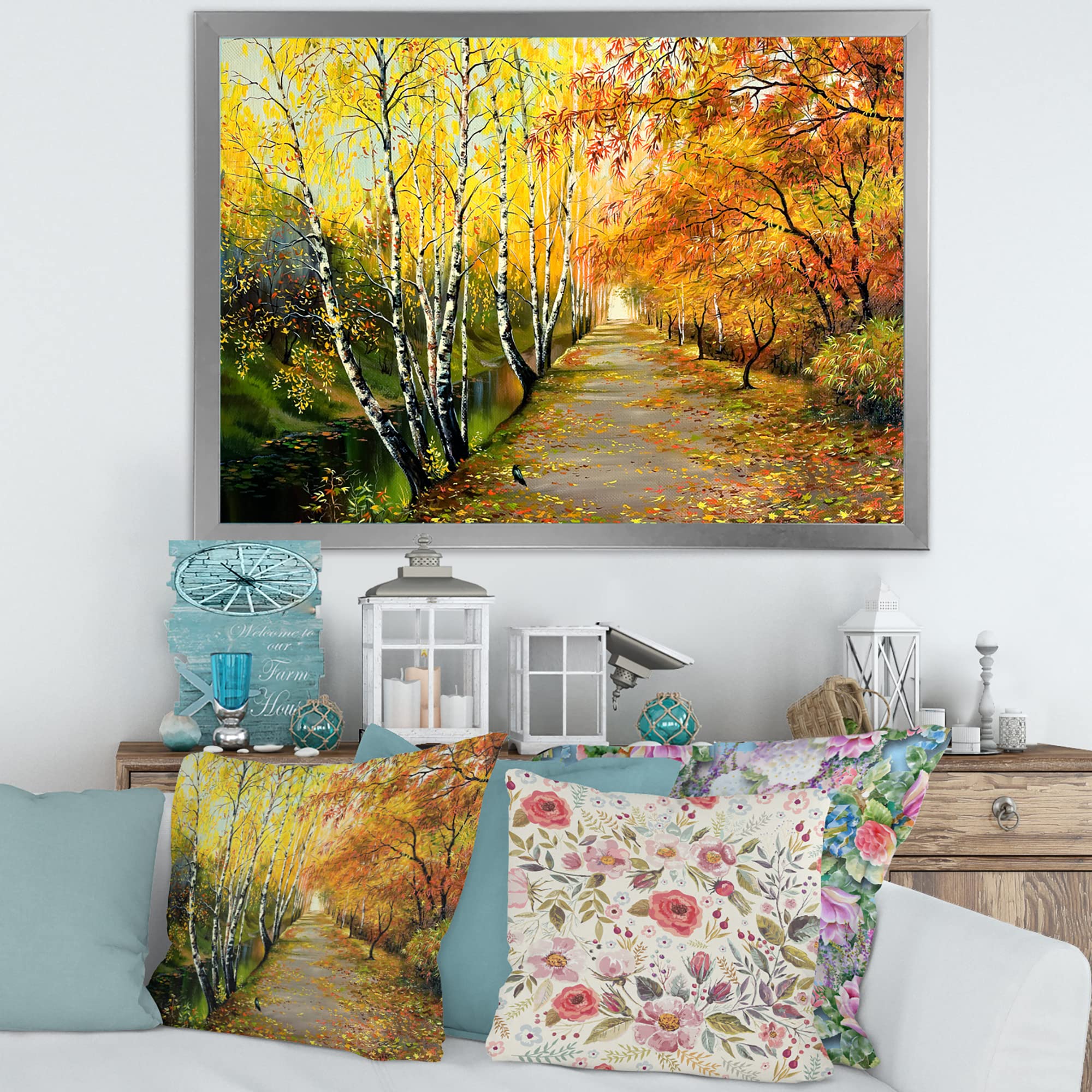 DesignQ Autumn Woods River Traditional Framed Wall Art - Nature Landscape Painting for Living Room, Bedroom & Office Decor