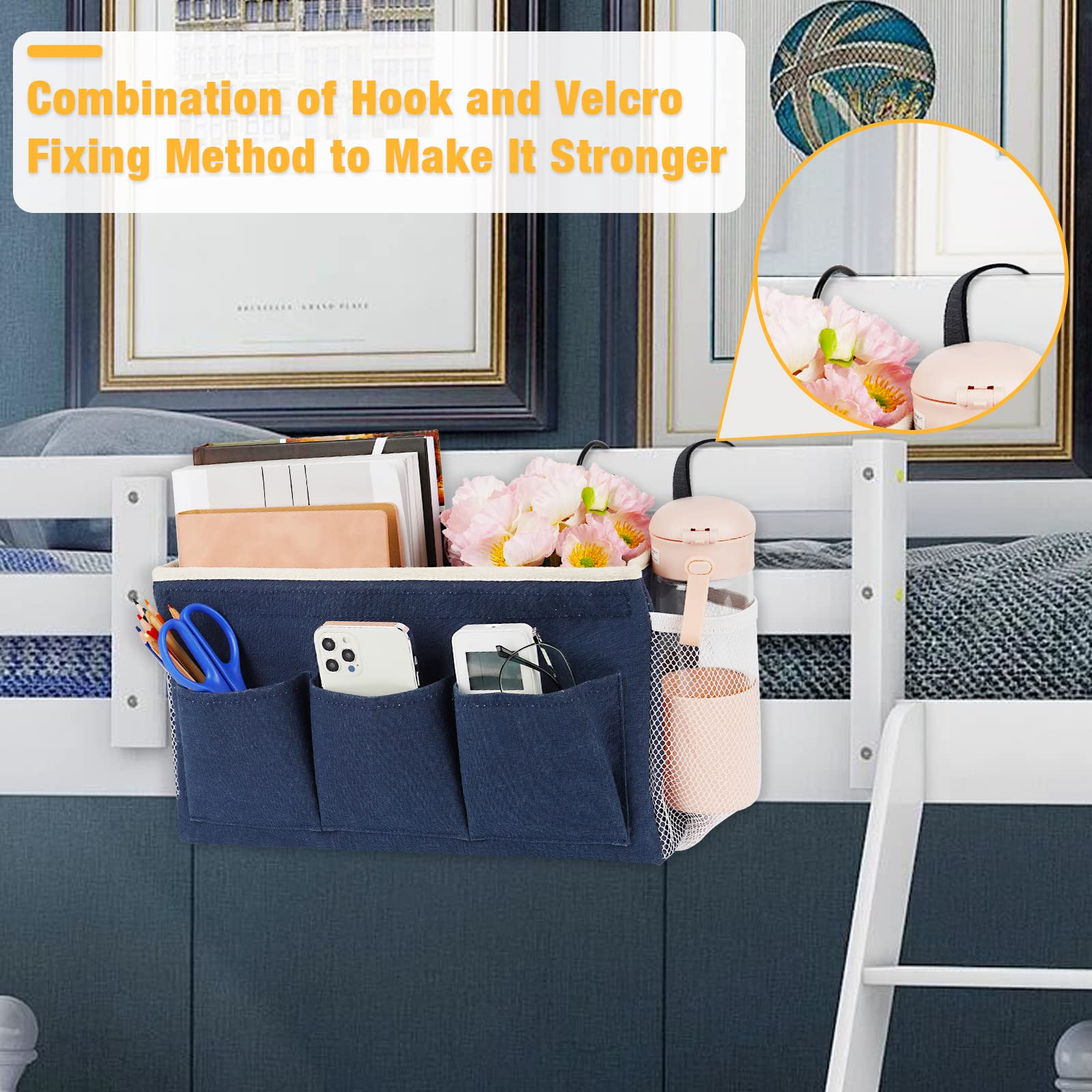 Bedside Caddy Organizer with Fixed Straps & Water Bottle Holder - 2 Pack Navy Blue Storage Pouch for Home, College Dorm, Bunk Bed, Hospital & Crib - Perfect for Books, Phones, Glasses & Essentials