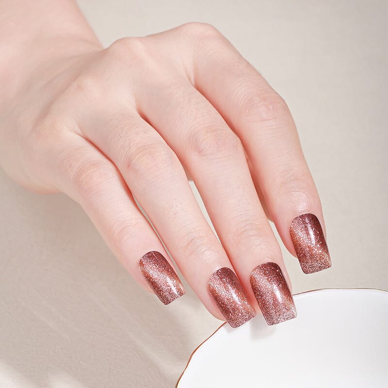 16Pcs Rose Gold Glitter Full Cover Nail Stickers with Cat Eye Magnetic Design - Self Adhesive Nail Art Decals for Women, Perfect for Parties, Weddings & Special Occasions