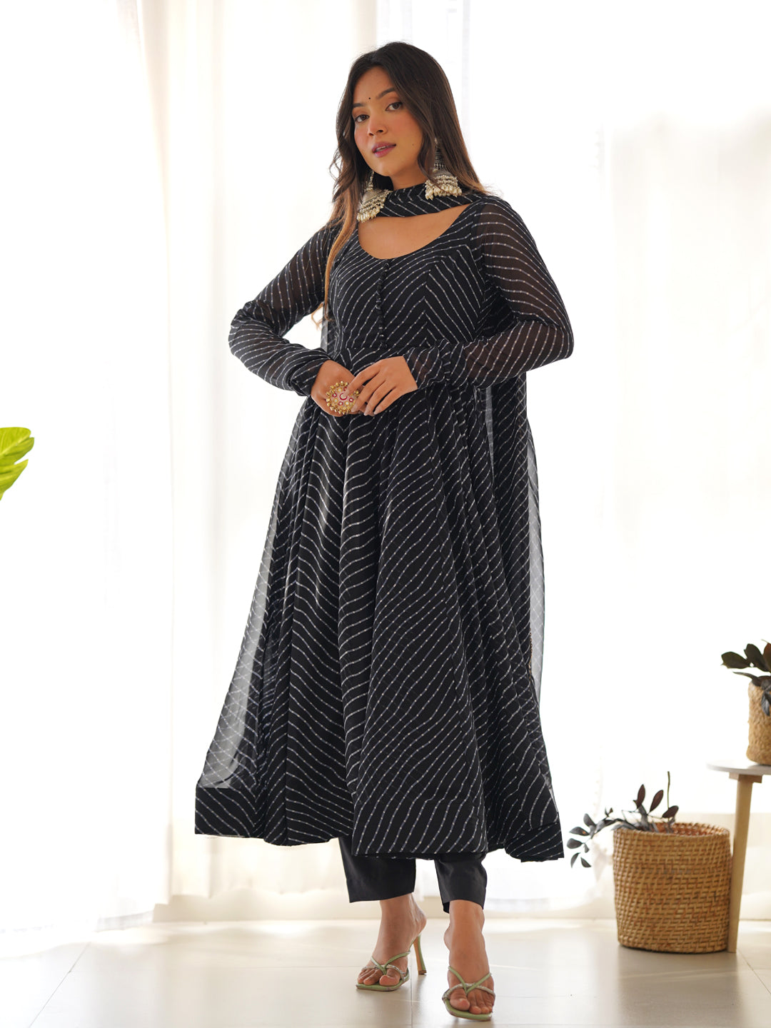 Elegant Black Heavy Faux Georgette Leheriya Print Anarkali Dress with Micro Cotton Lining - Perfect for Weddings, Parties & Festive Occasions