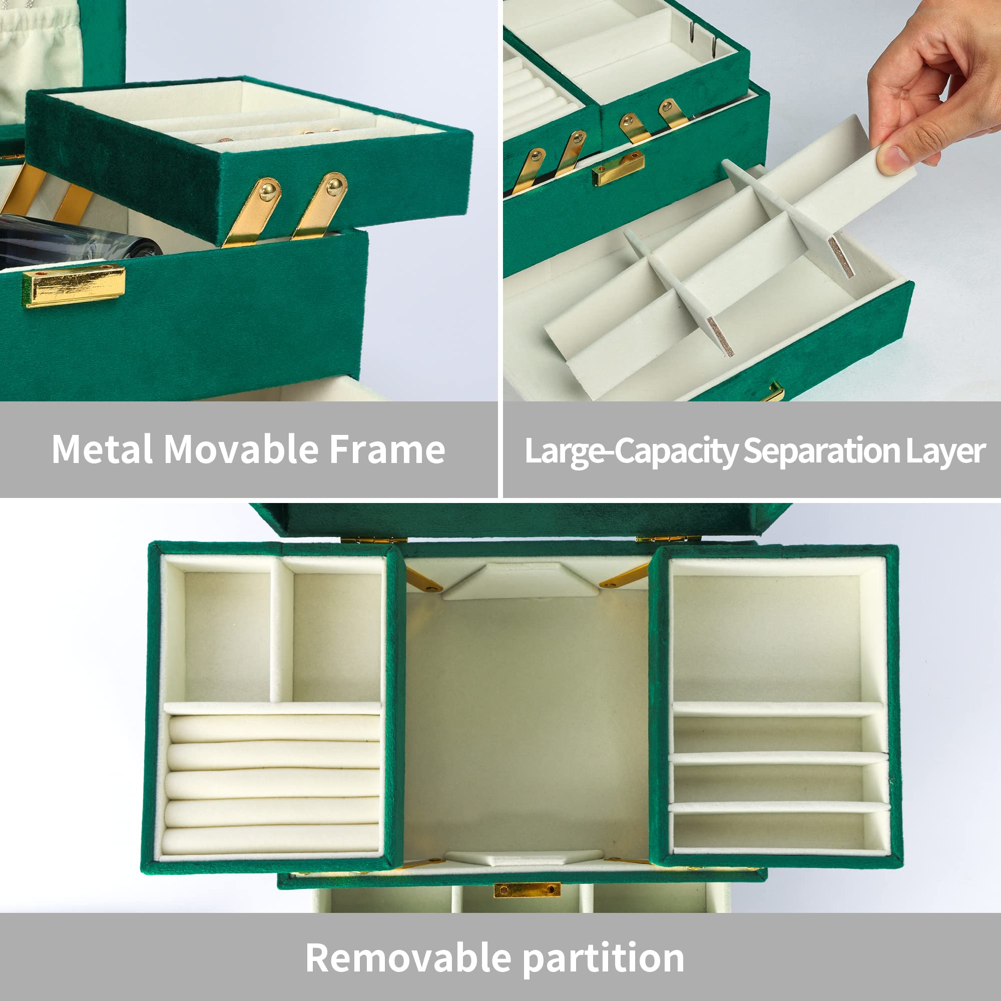 3-Layer Large Velvet Jewelry Organizer Box for Women - Jewelry Storage Case for Earrings, Rings, Necklaces & Bracelets | Green Velvet Jewelry Box | Perfect for Bedroom Dresser, Travel & Gift Giving