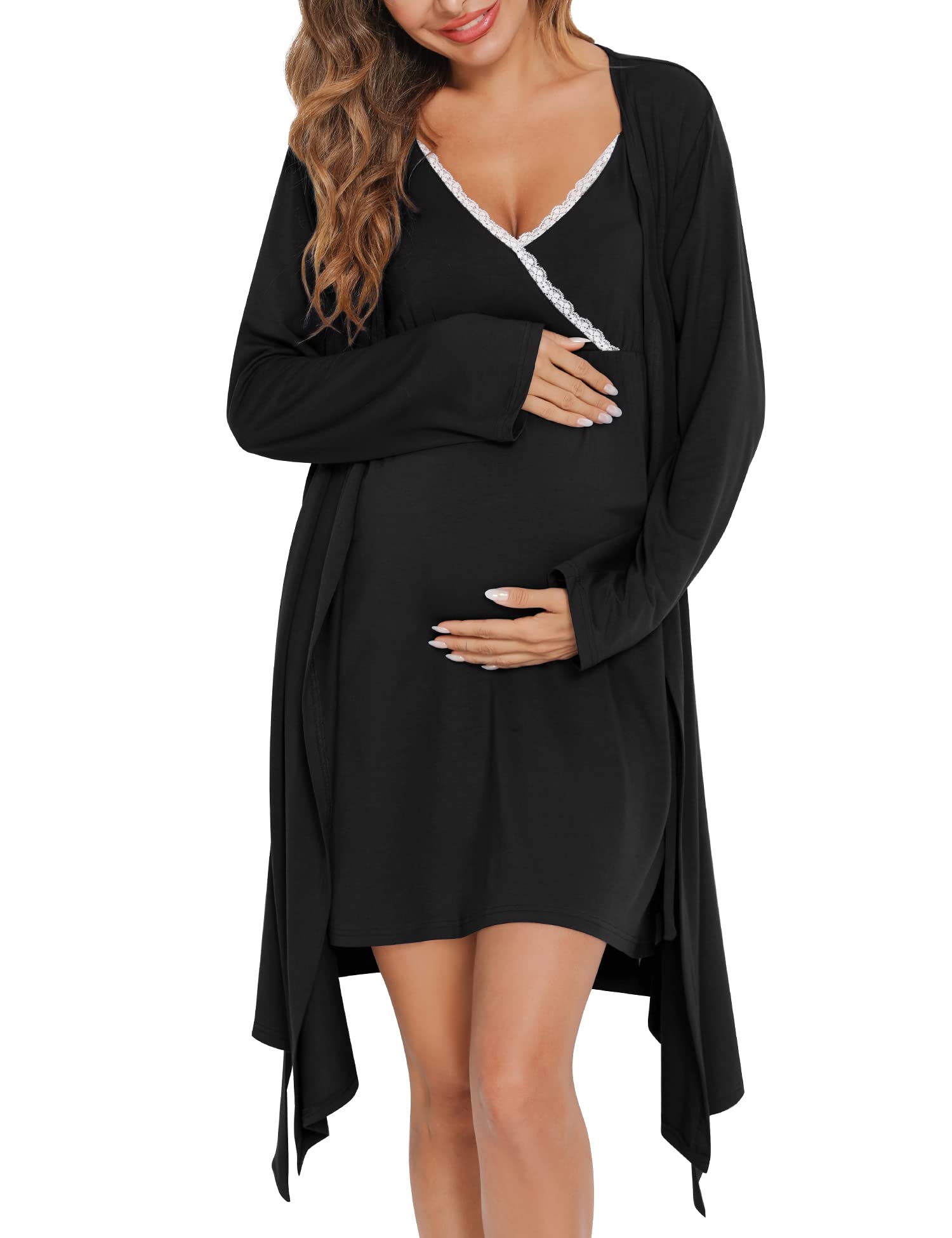 SWOMOG Women's Maternity Robe & Nursing Nightgown - 3-in-1 Breastfeeding Dress with Lace Trim, Labor Delivery Gown & Bathrobe for New Moms - Perfect for Hospital Stay, Nursing at Home and Postpartum Comfort