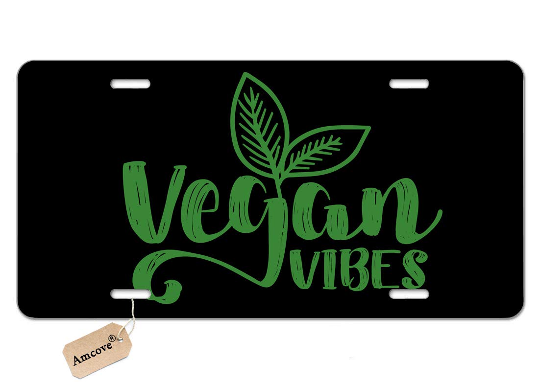 AMCOVE Decorative Metal License Plate Cover - 12 x 6 Inches, 4 Holes, Vegan Vibes Design for Cars & Trucks - Perfect for Customizing Vehicles and Expressing Personal Style