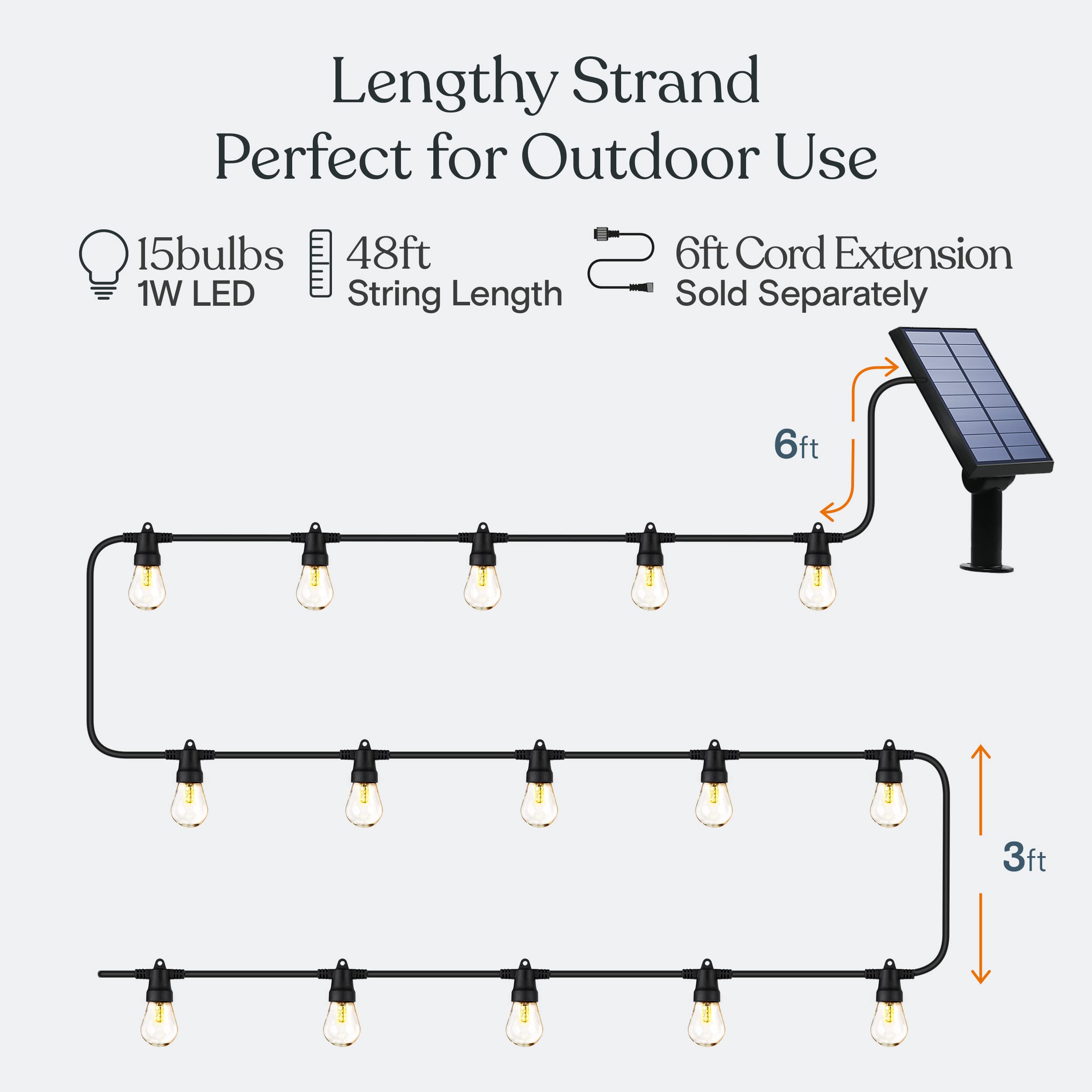 Brightech Ambience Pro 48ft Solar Powered Outdoor String Lights - Commercial Grade Waterproof LED Patio Lights with 15 Shatterproof Edison Bulbs (1W Soft White) - Perfect for Backyard, Garden, Deck, Porch & Outdoor Parties
