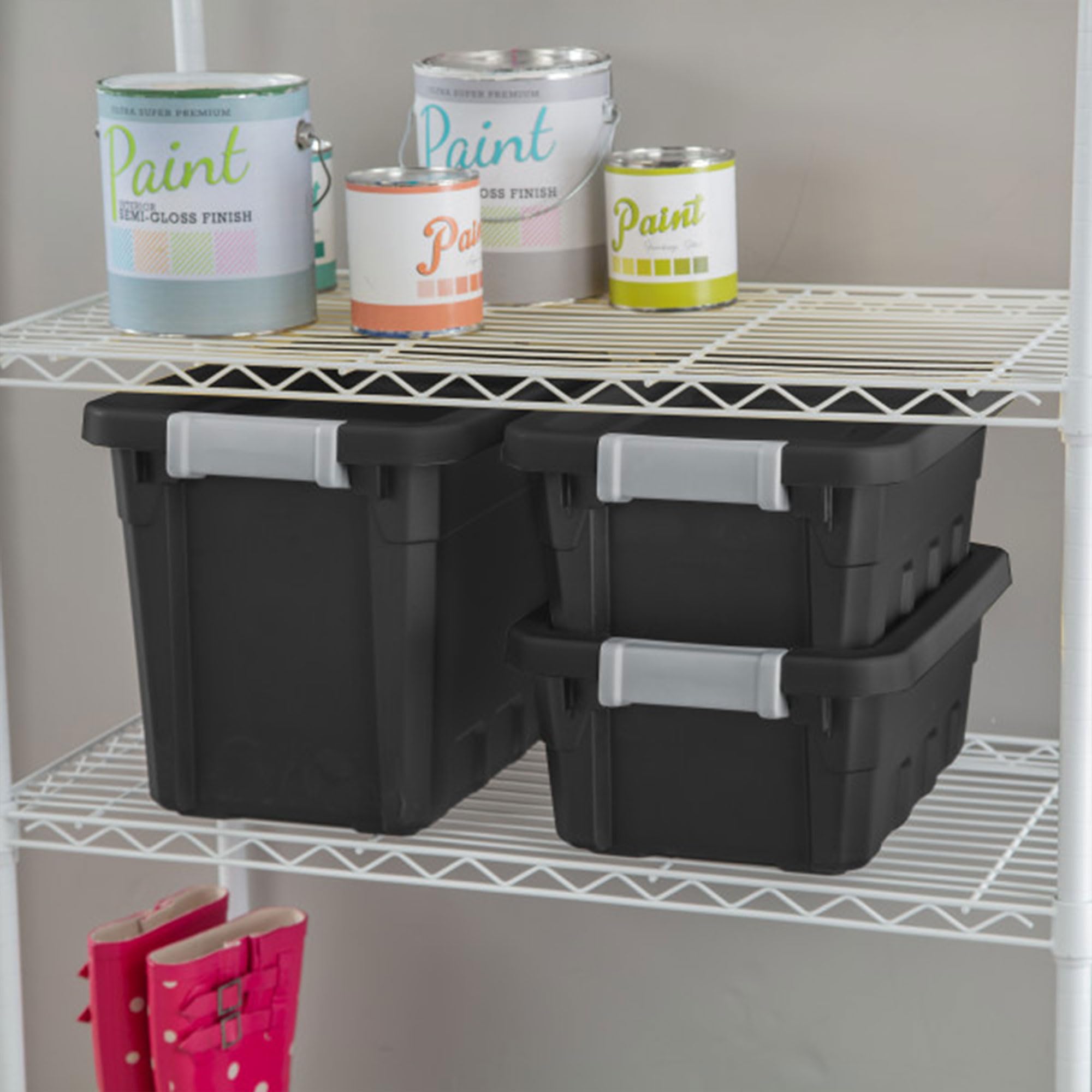 Sterilite 24-Pack 4 Gallon Black Plastic Storage Bins with Lids - Stackable Clear Organizing Containers for Home, Office & Garage Storage Solutions
